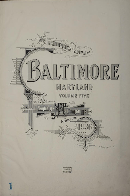 Sanborn Fire Insurance Map from Baltimore, Independent Cities, Maryland (1936), Sheet #0001 - Historic Sanborn Fire Insurance Map Print, vintage old map wall art, antique decor, genealogy gift, Maryland Maryland map