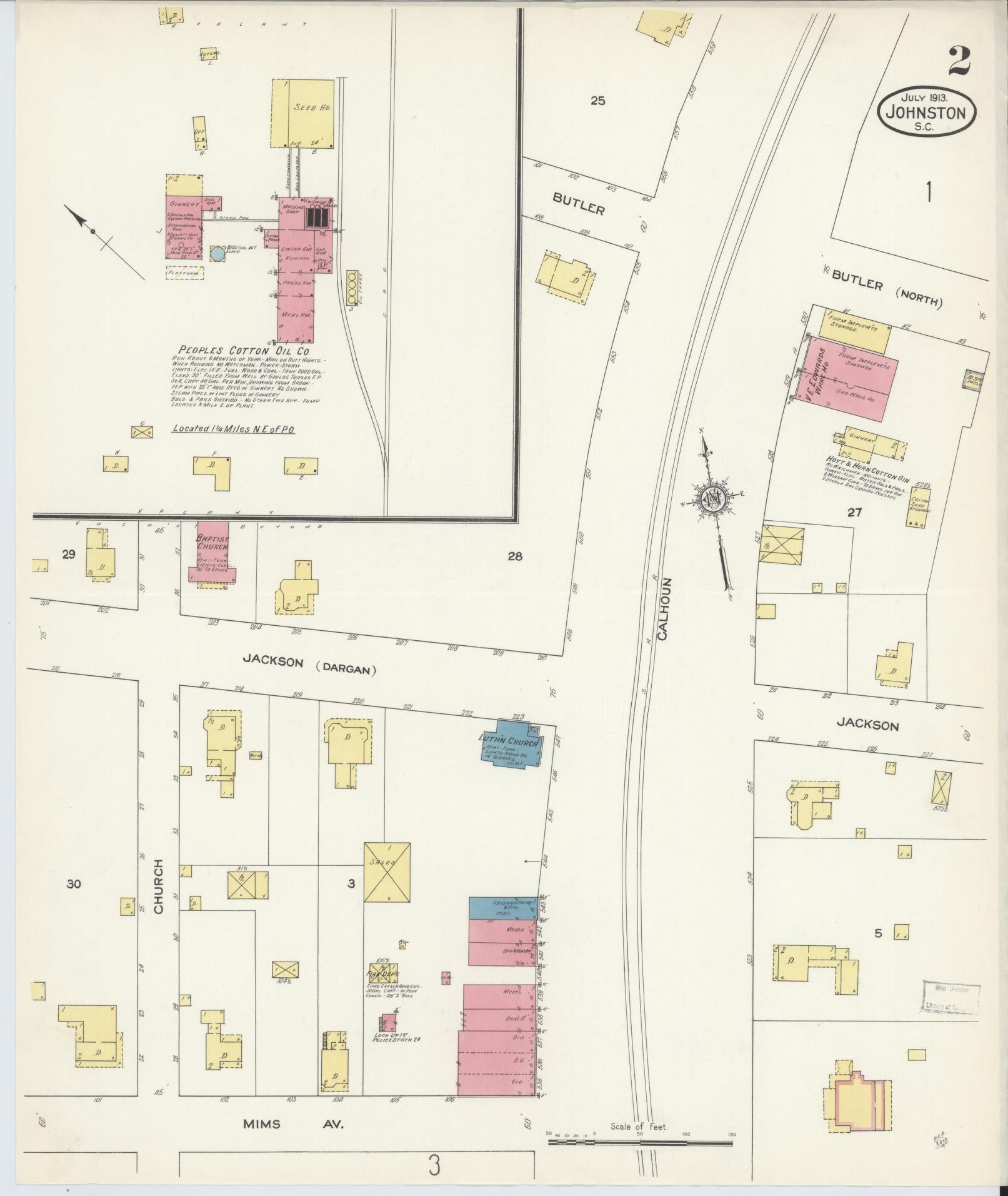 Sanborn Fire Insurance Map from Johnston, Edgefield County, South Carolina (1913), Sheet #0002 - Historic Sanborn Fire Insurance Map Print, vintage old map wall art, antique decor, genealogy gift, South Carolina South Carolina map