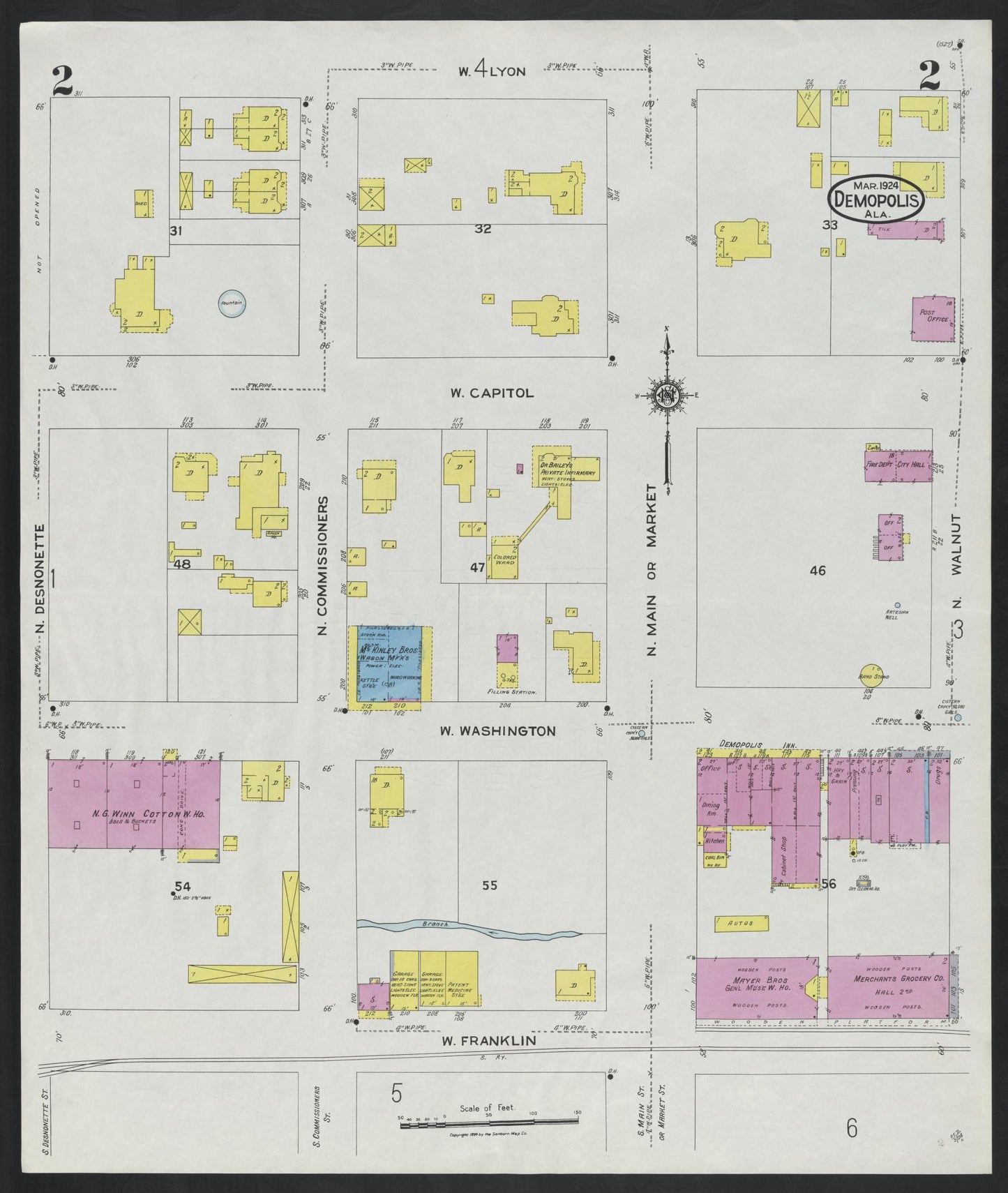 Sanborn Fire Insurance Map from Demopolis, Marengo County, Alabama (1924), Sheet #0002 - Historic Sanborn Fire Insurance Map Print, vintage old map wall art, antique decor, genealogy gift, Alabama Alabama map