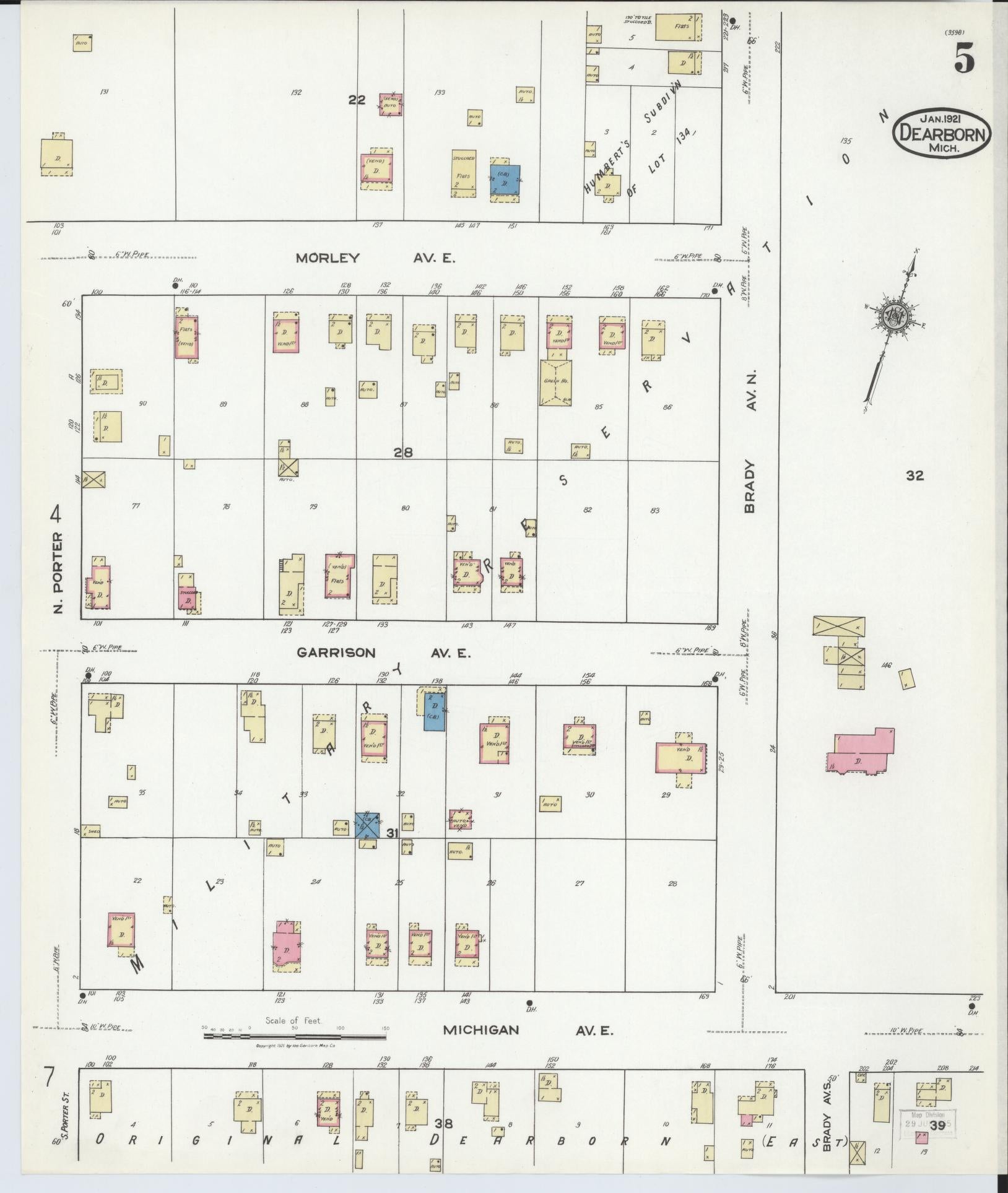 Sanborn Fire Insurance Map from Dearborn, Wayne County, Michigan (1921), Sheet #0005 - Historic Sanborn Fire Insurance Map Print, vintage old map wall art, antique decor, genealogy gift, Michigan Michigan map