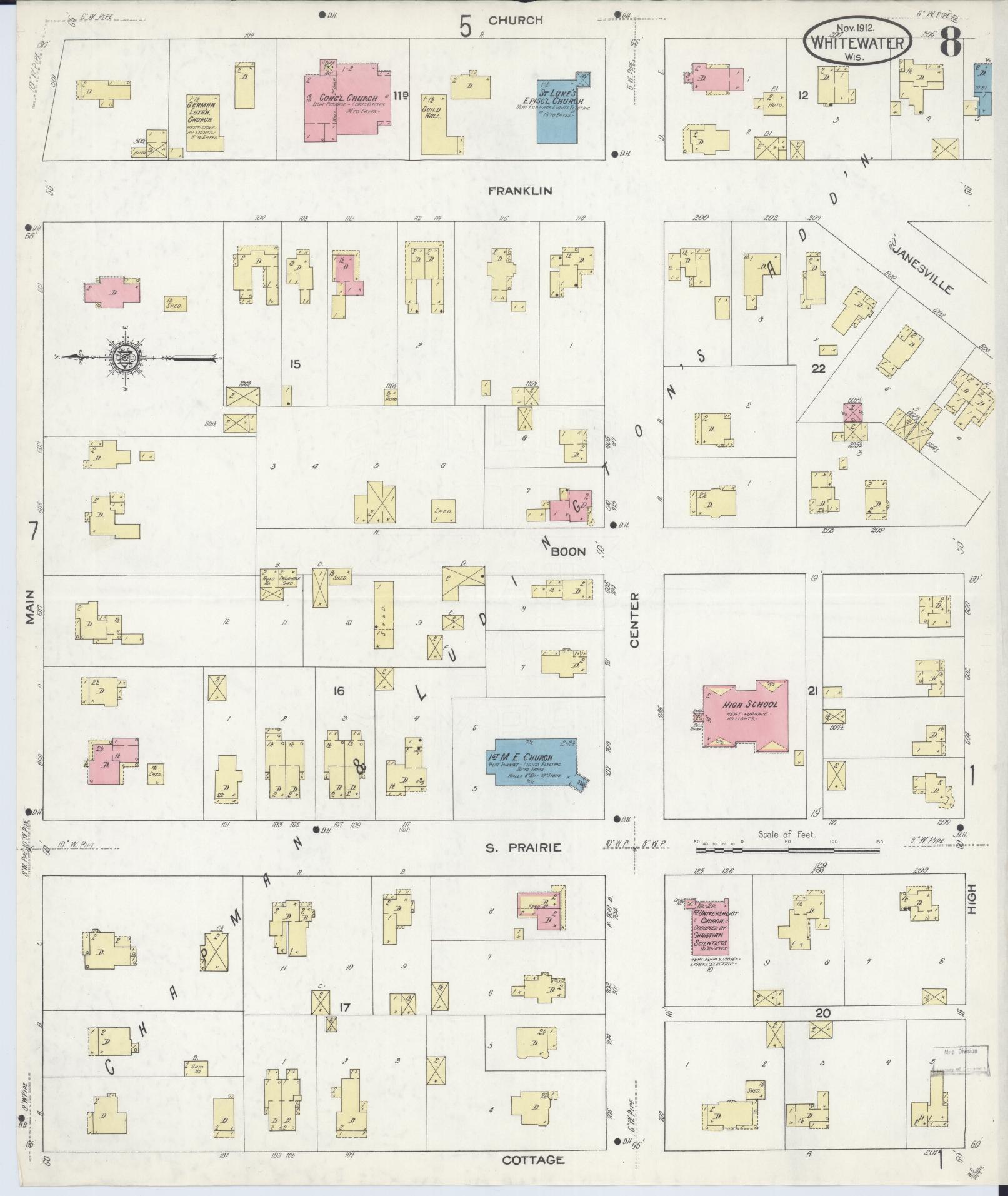 Sanborn Fire Insurance Map from Whitewater, Walworth County, Wisconsin (1912), Sheet #0008 - Historic Sanborn Fire Insurance Map Print, vintage old map wall art, antique decor, genealogy gift, Wisconsin Wisconsin map