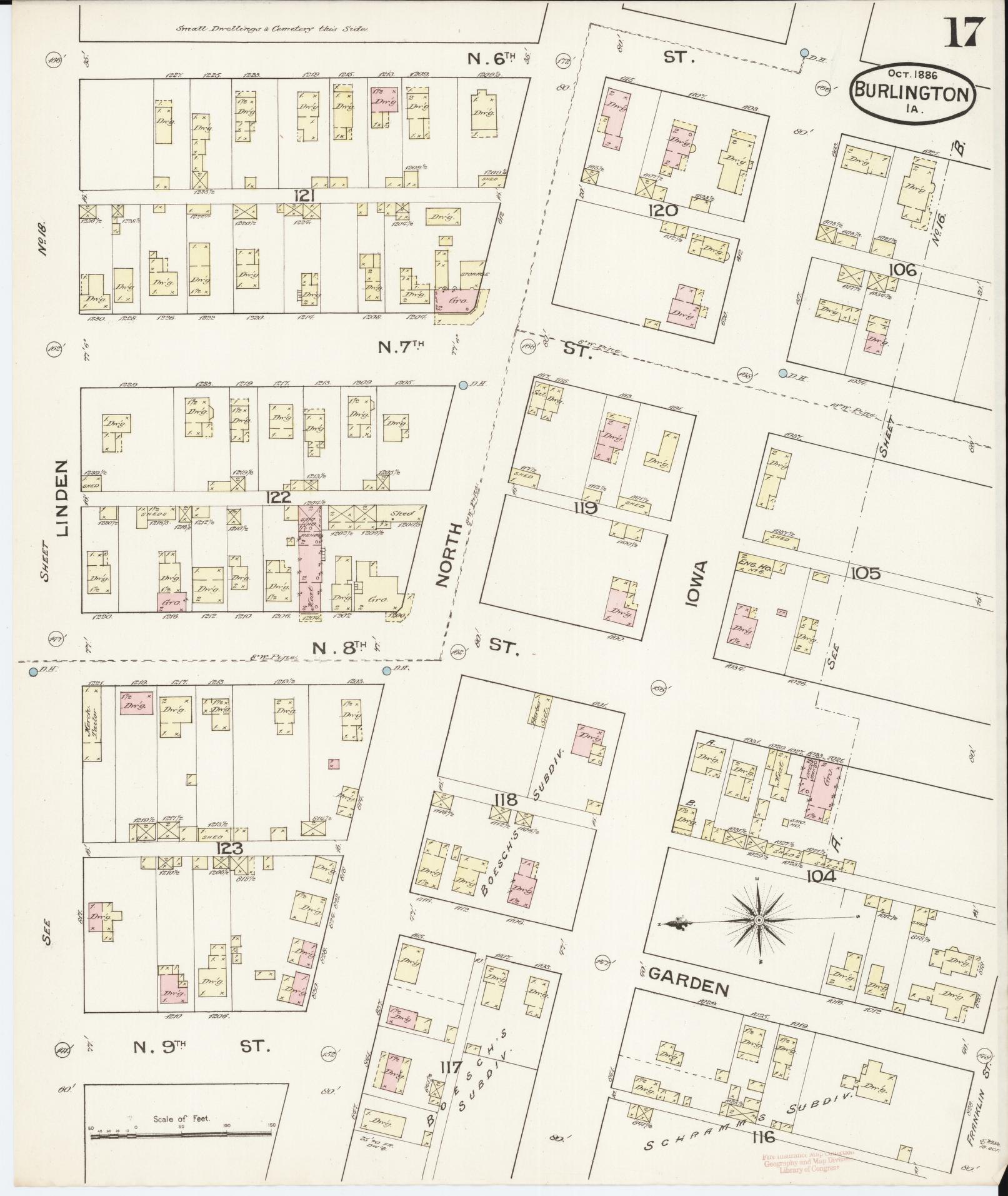 Sanborn Fire Insurance Map from Burlington, Des Moines County, Iowa (1888), Sheet #0017 - Historic Sanborn Fire Insurance Map Print, vintage old map wall art