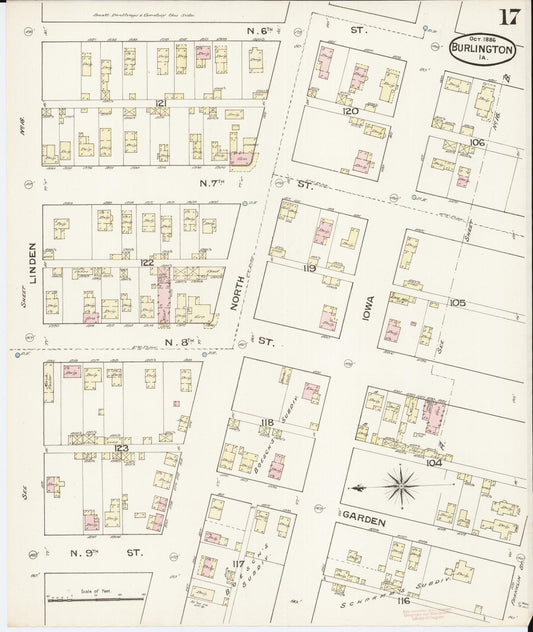 Sanborn Fire Insurance Map from Burlington, Des Moines County, Iowa (1888), Sheet #0017 - Historic Sanborn Fire Insurance Map Print, vintage old map wall art