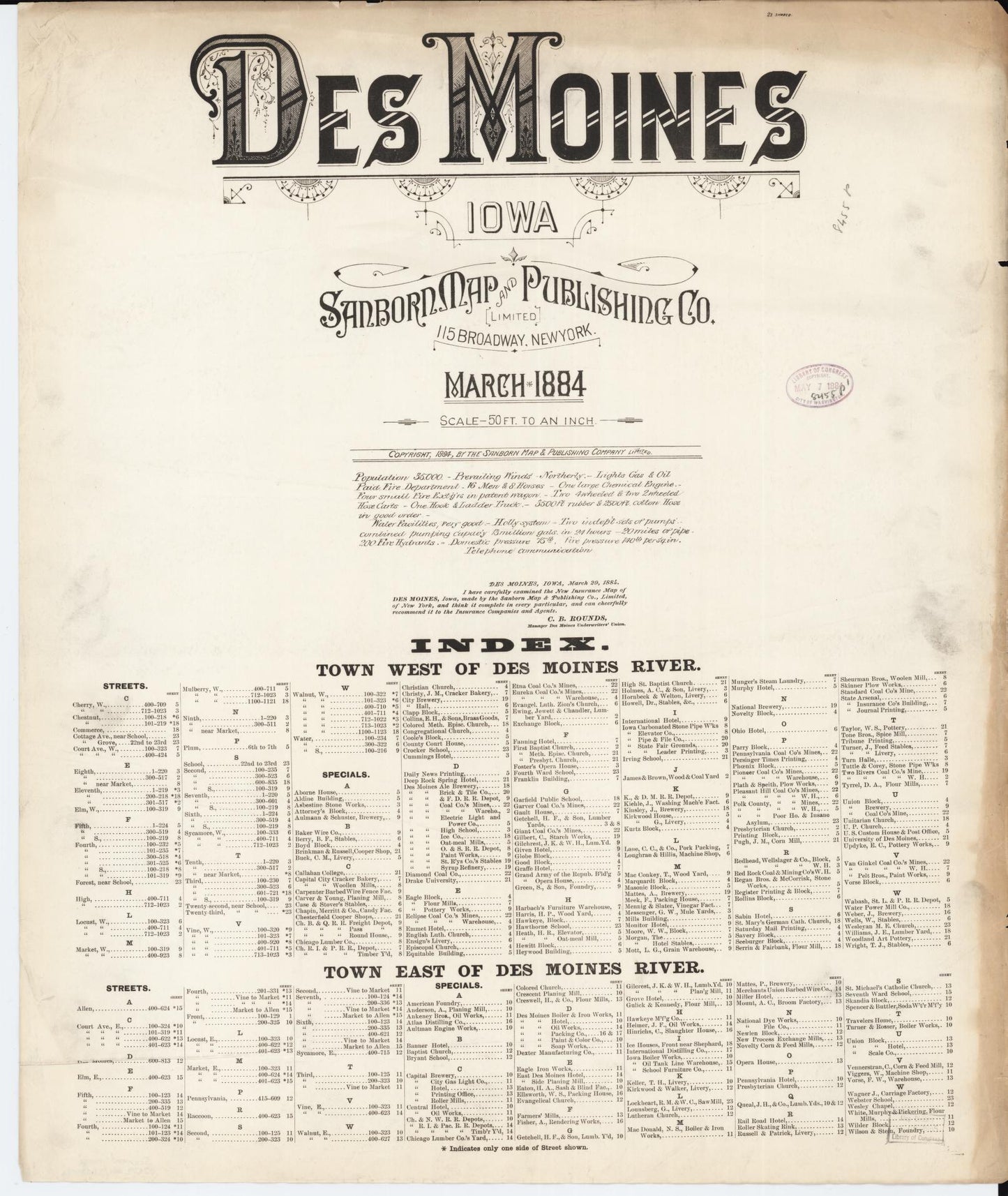 Sanborn Fire Insurance Map from Des Moines, Polk County, Iowa (1884), Sheet #0001 - Historic Sanborn Fire Insurance Map Print, vintage old map wall art