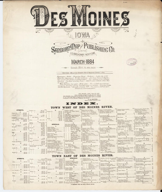 Sanborn Fire Insurance Map from Des Moines, Polk County, Iowa (1884), Sheet #0001 - Historic Sanborn Fire Insurance Map Print, vintage old map wall art