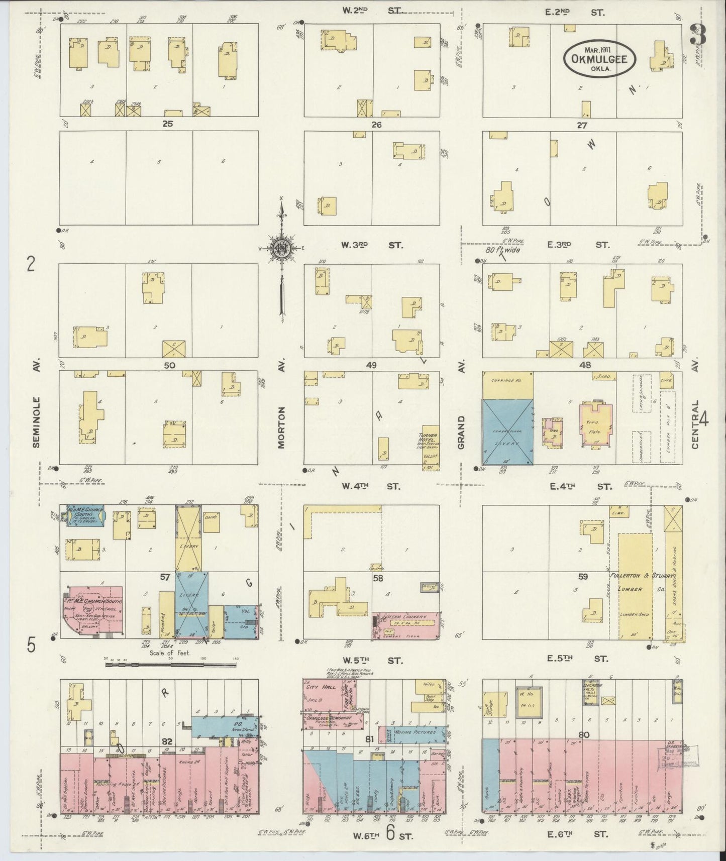 Sanborn Fire Insurance Map from Okmulgee, Okmulgee County, Oklahoma (1911), Sheet #0003 - Complete Map Set gallery image, historic Sanborn map, vintage wall art, Oklahoma Oklahoma