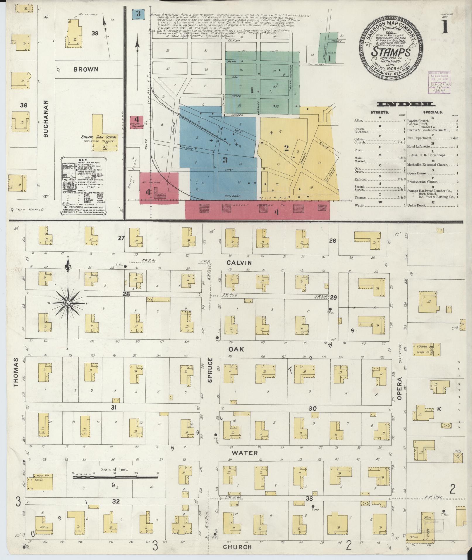 Sanborn Fire Insurance Map from Stamps, Lafayette County, Arkansas (1908), Sheet #0001 - Historic Sanborn Fire Insurance Map Print, vintage old map wall art, antique decor, genealogy gift, Arkansas Arkansas map