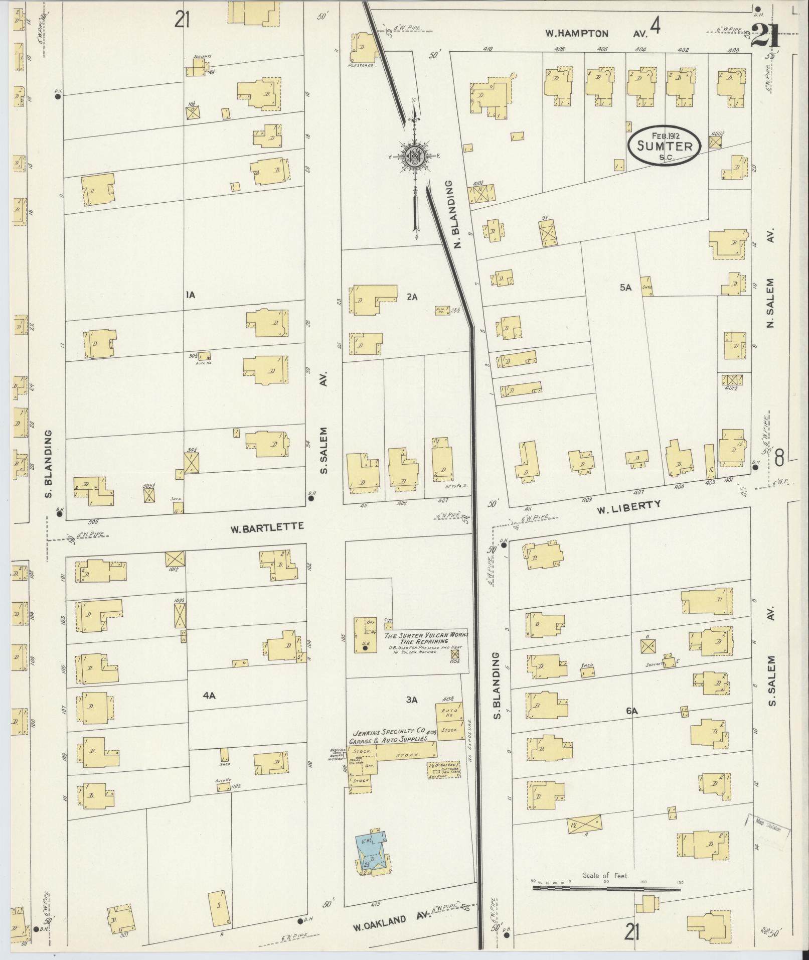 Sanborn Fire Insurance Map from Sumter, Sumter County, South Carolina (1912), Sheet #0021 - Historic Sanborn Fire Insurance Map Print, vintage old map wall art, antique decor, genealogy gift, South Carolina South Carolina map