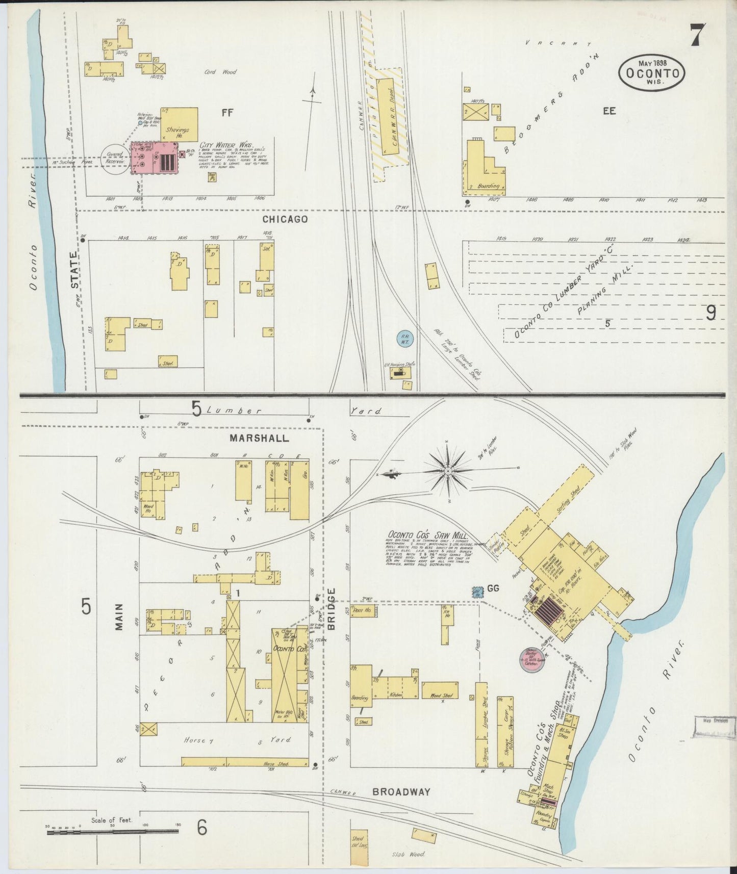 Sanborn Fire Insurance Map from Oconto, Oconto County, Wisconsin (1898), Sheet #0007 - Complete Map Set gallery image, historic Sanborn map, vintage wall art, Wisconsin Wisconsin