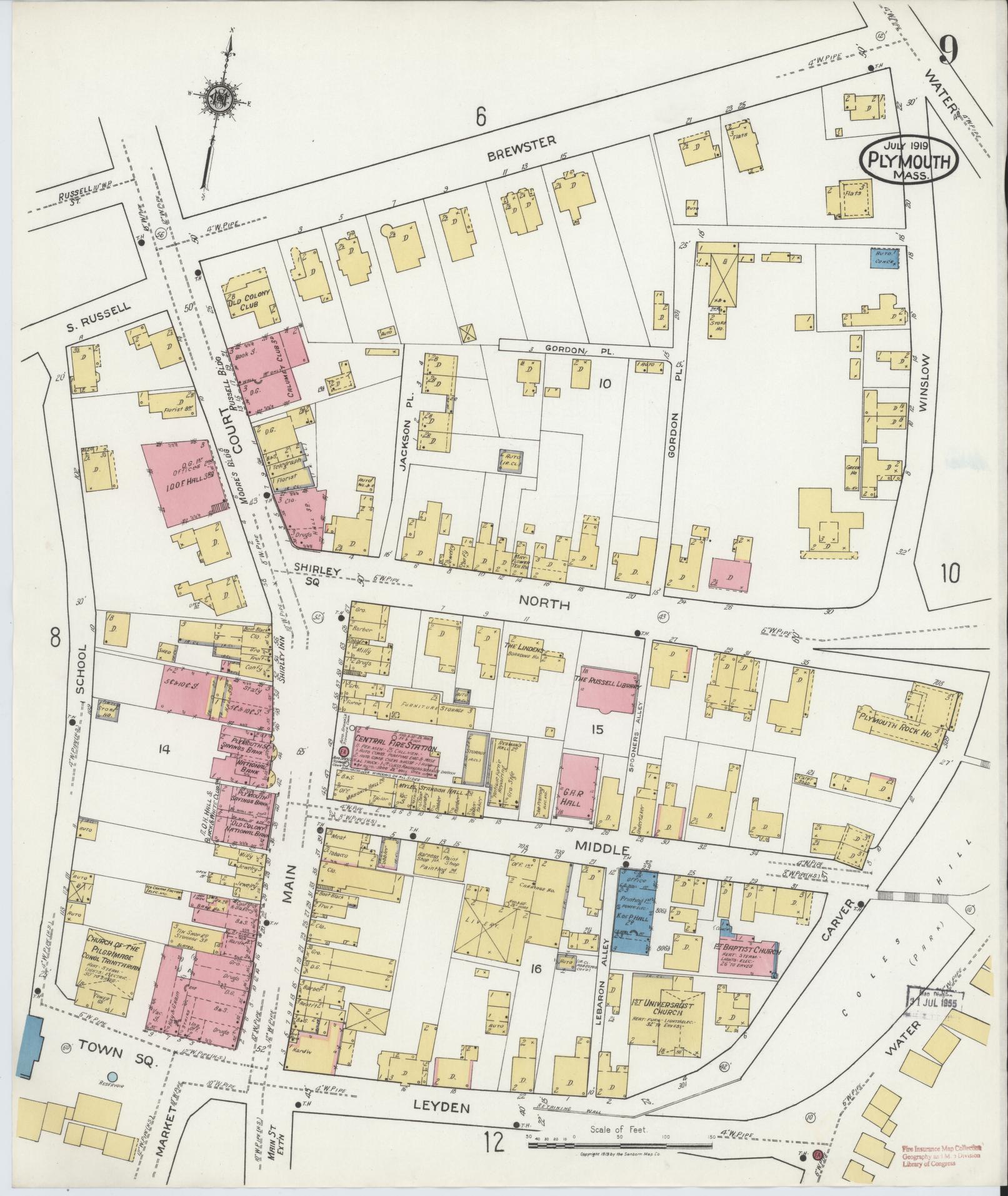 Sanborn Fire Insurance Map from Plymouth, Plymouth County, Massachusetts (1919), Sheet #0009 - Complete Map Set gallery image, historic Sanborn map, vintage wall art, Massachusetts Massachusetts