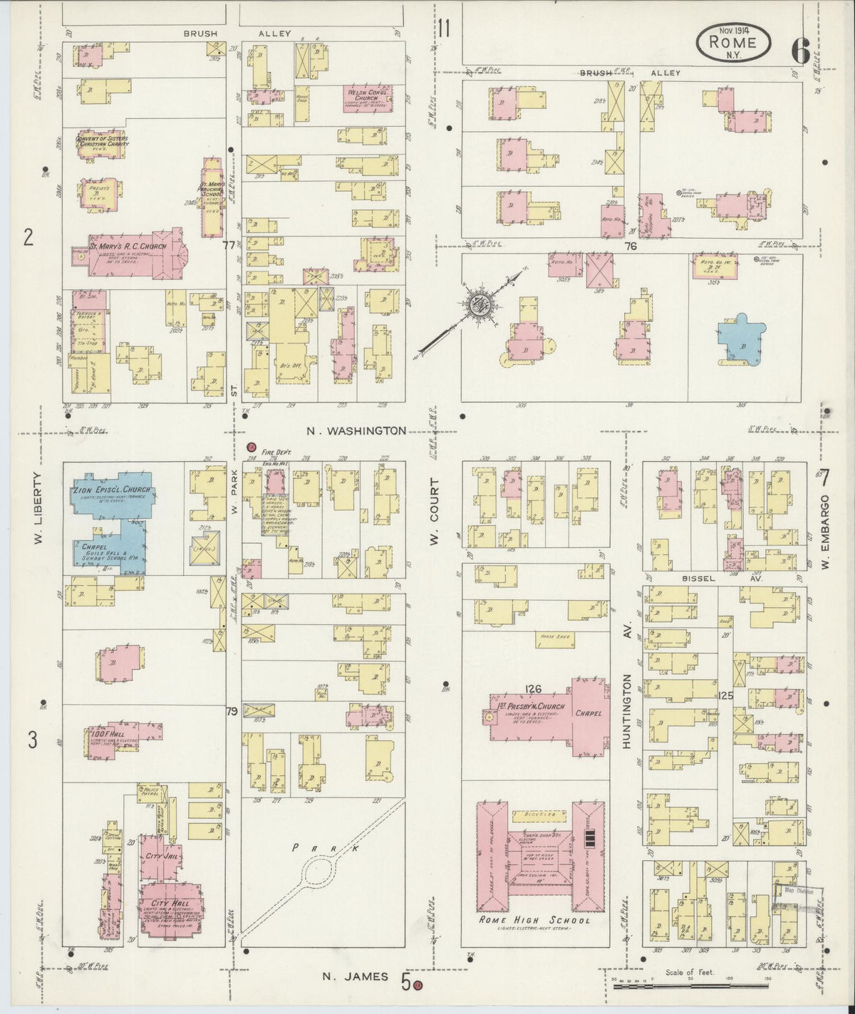 Sanborn Fire Insurance Map from Rome, Oneida County, New York (1914), Sheet #0006 - Historic Sanborn Fire Insurance Map Print, vintage old map wall art, antique decor, genealogy gift, New York New York map