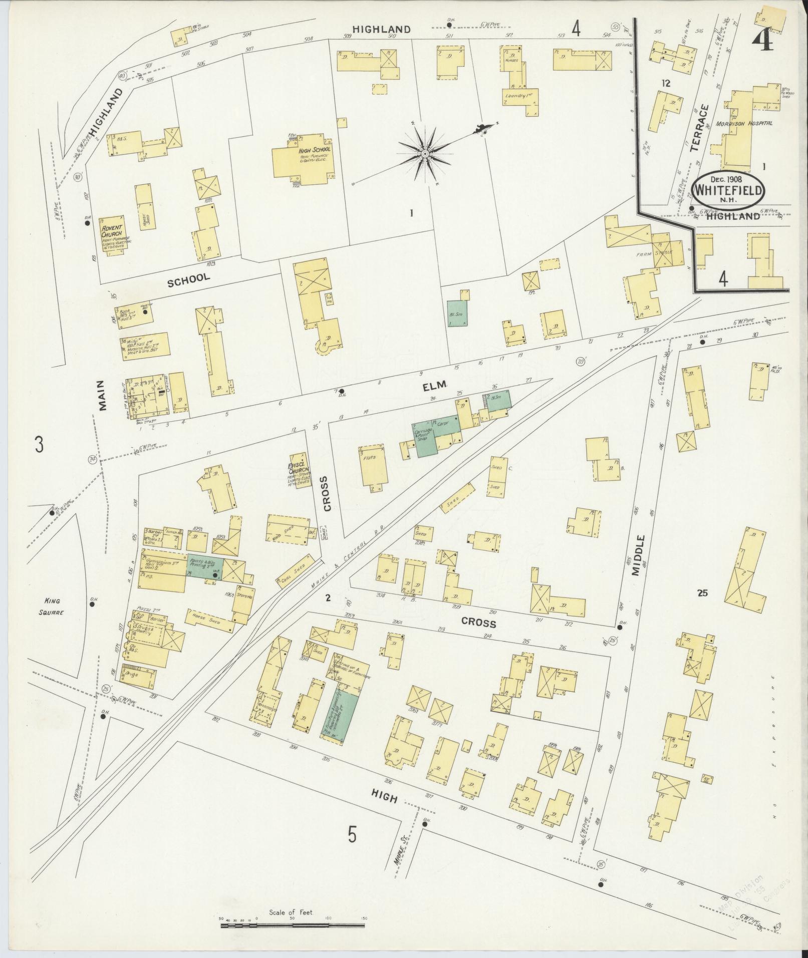 Sanborn Fire Insurance Map from Whitefield, Coos County, New Hampshire (1908), Sheet #0004 - Complete Map Set gallery image, historic Sanborn map, vintage wall art, New Hampshire New Hampshire