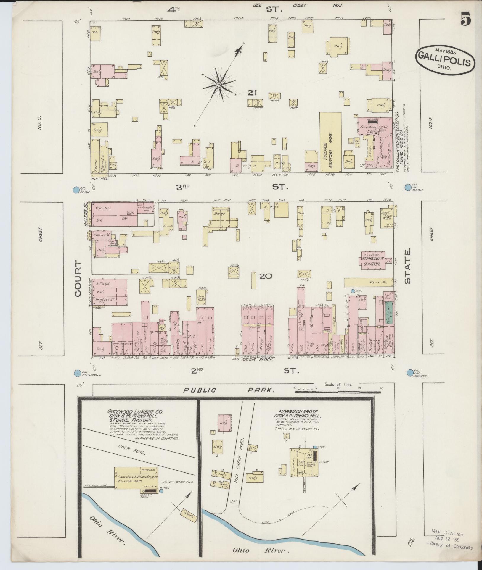 Sanborn Fire Insurance Map from Gallipolis, Gallia County, Ohio (1885), Sheet #0005 - Historic Sanborn Fire Insurance Map Print, vintage old map wall art, antique decor, genealogy gift, Ohio Ohio map