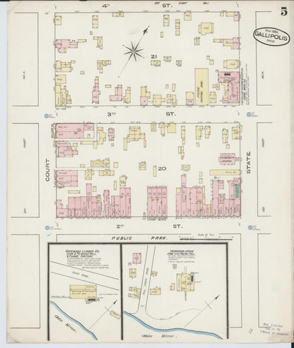 Sanborn Fire Insurance Map from Gallipolis, Gallia County, Ohio (1885), Sheet #0005 - Historic Sanborn Fire Insurance Map Print, vintage old map wall art, antique decor, genealogy gift, Ohio Ohio map