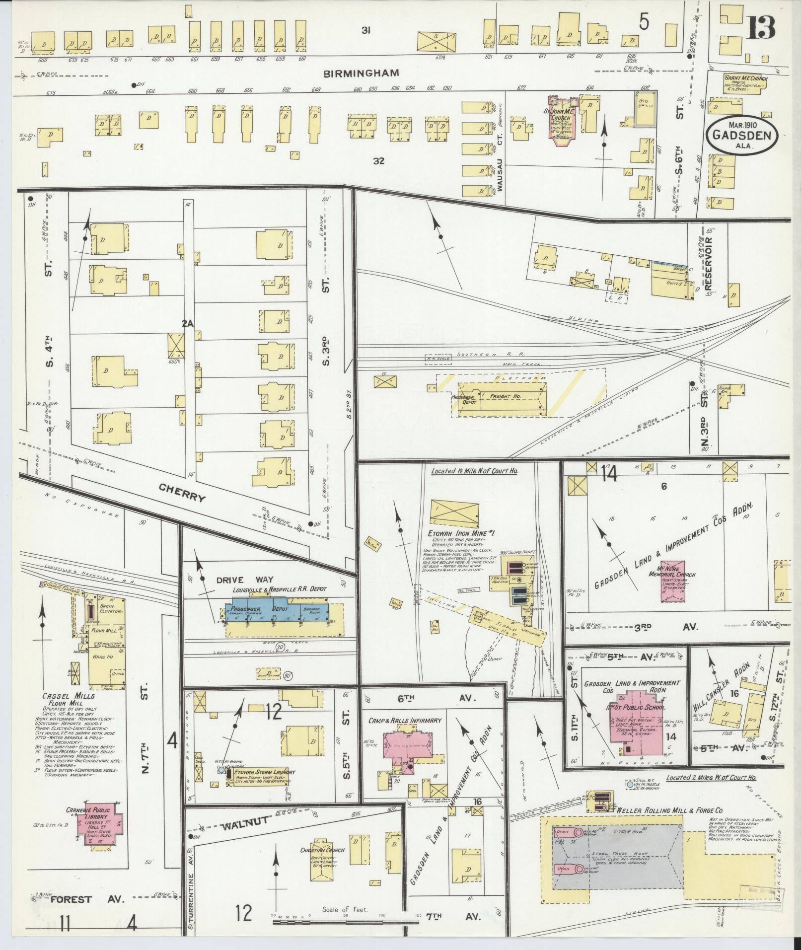 Sanborn Fire Insurance Map from Gadsden, Etowah County, Alabama (1910), Sheet #0013 - Historic Sanborn Fire Insurance Map Print, vintage old map wall art, antique decor, genealogy gift, Alabama Alabama map
