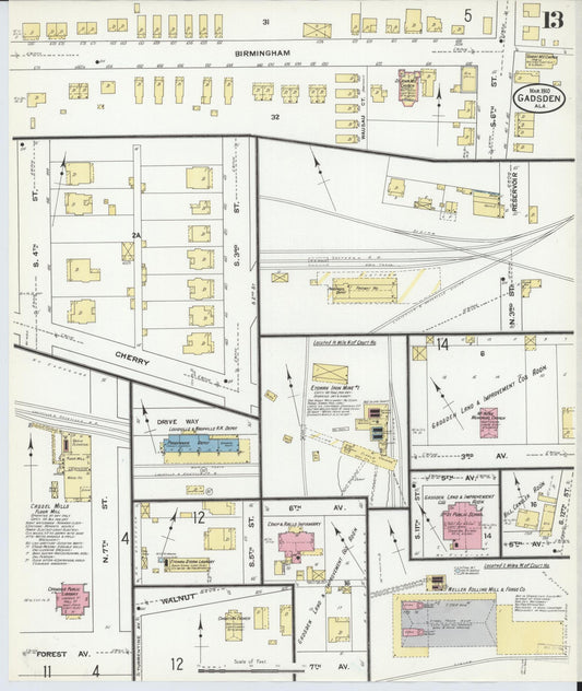 Sanborn Fire Insurance Map from Gadsden, Etowah County, Alabama (1910), Sheet #0013 - Historic Sanborn Fire Insurance Map Print, vintage old map wall art, antique decor, genealogy gift, Alabama Alabama map