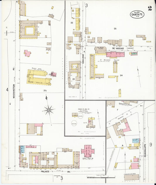 Sanborn Fire Insurance Map from Santa Fe, Santa Fe County, New Mexico (1902), Sheet #0002 - Historic Sanborn Fire Insurance Map Print, vintage old map wall art, antique decor, genealogy gift, New Mexico New Mexico map