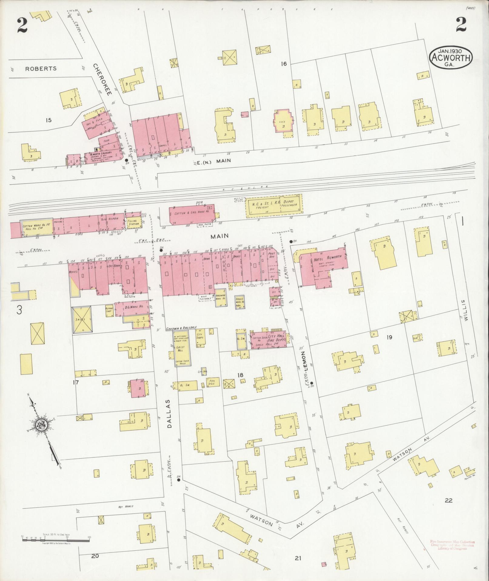 Sanborn Fire Insurance Map from Acworth, Cobb County, Georgia (1930), Sheet #0002 - Complete Map Set gallery image, historic Sanborn map, vintage wall art, Georgia Georgia