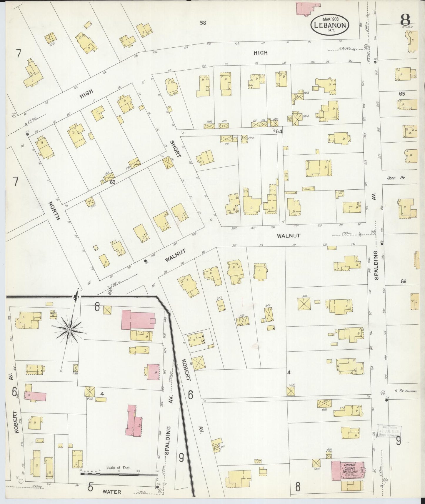 Sanborn Fire Insurance Map from Lebanon, Marion County, Kentucky (1908), Sheet #0008 - Historic Sanborn Fire Insurance Map Print, vintage old map wall art, antique decor, genealogy gift, Kentucky Kentucky map