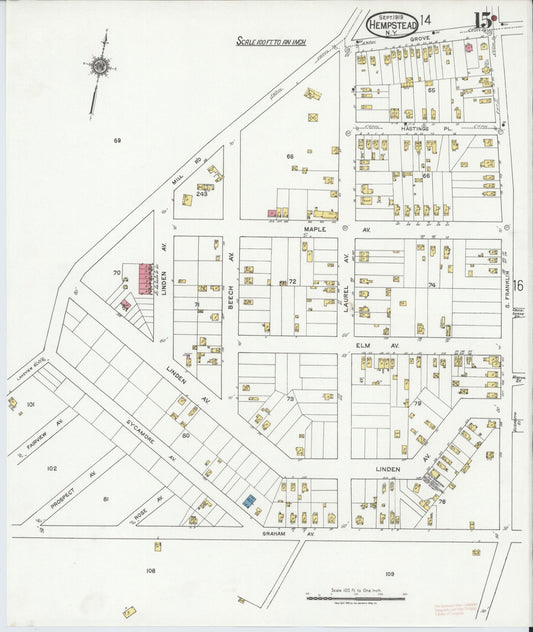 Sanborn Fire Insurance Map from Hempstead, Nassau County, New York (1919), Sheet #0015 - Historic Sanborn Fire Insurance Map Print, vintage old map wall art, antique decor, genealogy gift, New York New York map