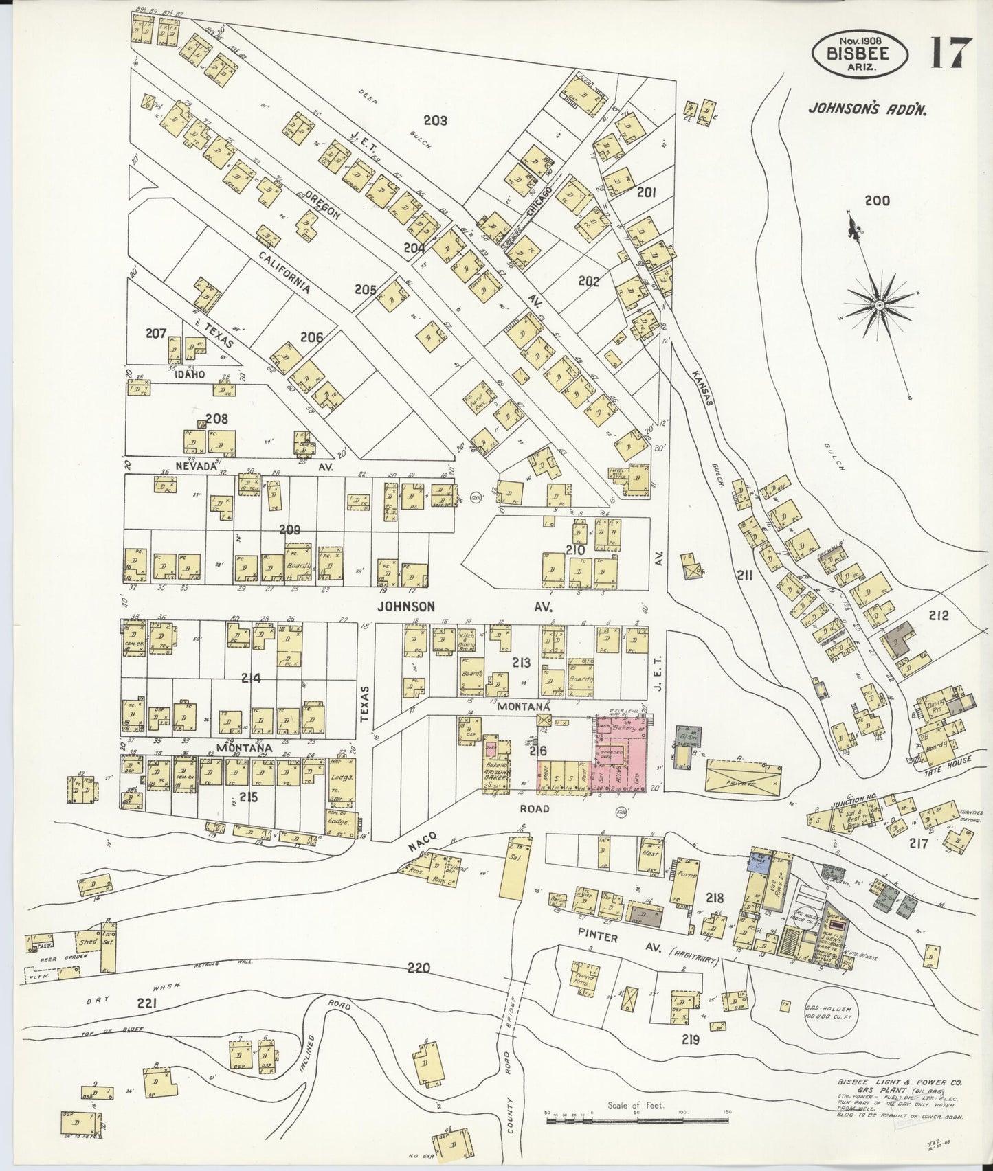 Sanborn Fire Insurance Map from Bisbee, Cochise County, Arizona (1908), Sheet #0017 - Complete Map Set gallery image, historic Sanborn map, vintage wall art, Arizona Arizona