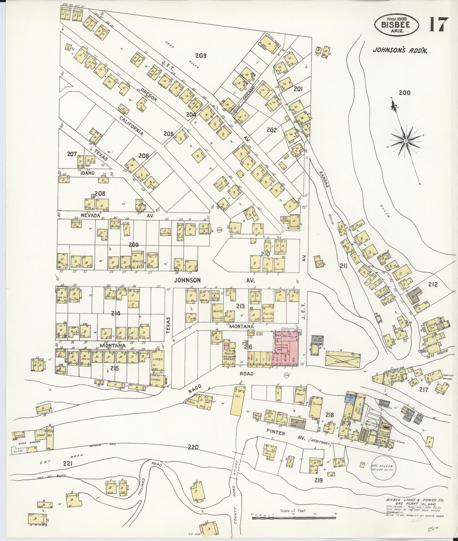 Sanborn Fire Insurance Map from Bisbee, Cochise County, Arizona (1908), Sheet #0017 - Complete Map Set gallery image, historic Sanborn map, vintage wall art, Arizona Arizona