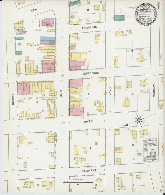 Sanborn Fire Insurance Map from Russellville, Pope County, Arkansas (1892), Sheet #0001 - Complete Map Set gallery image, historic Sanborn map, vintage wall art, Arkansas Arkansas