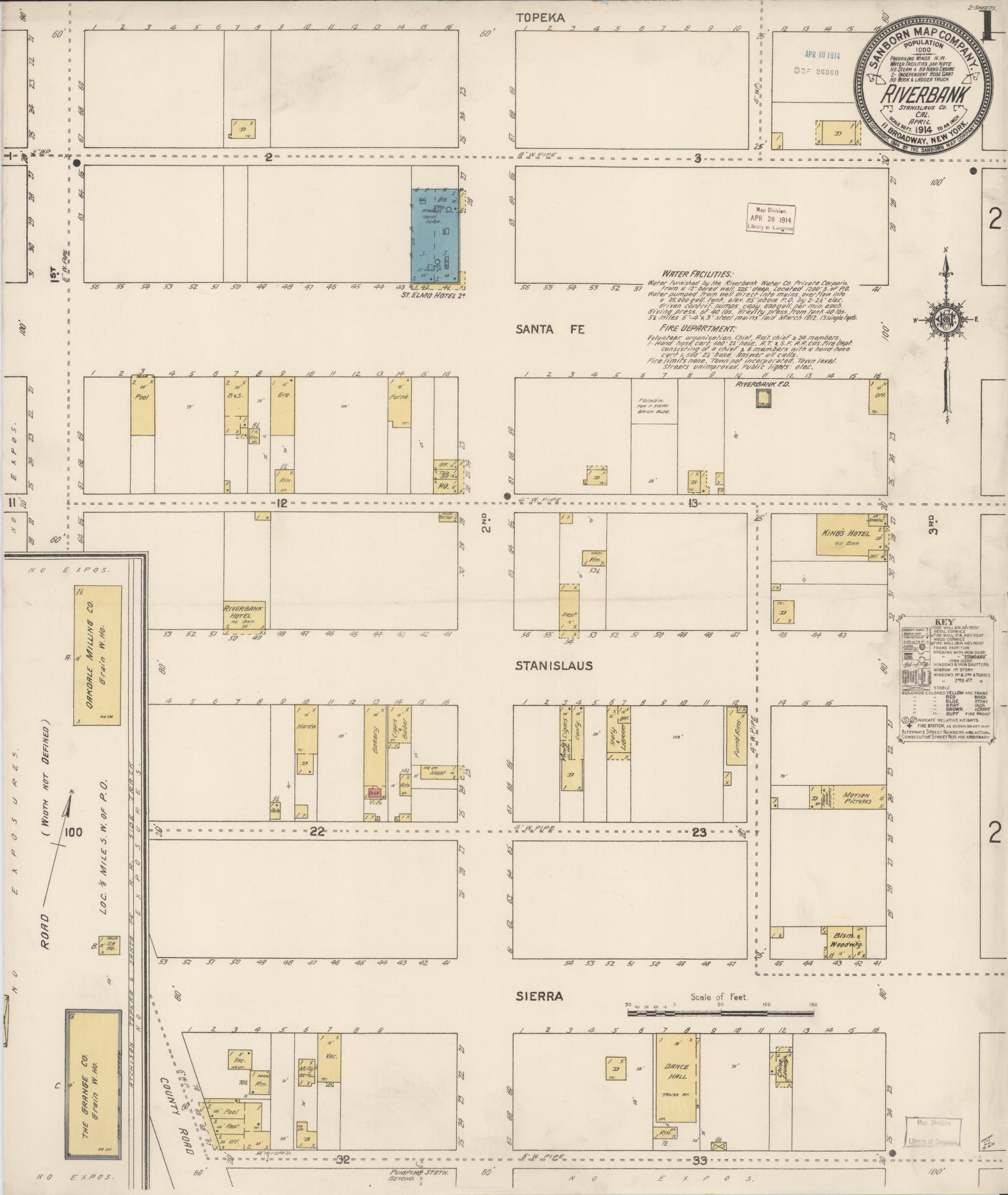 Sanborn Fire Insurance Map from Riverbank, Stanislaus County, California (1914), Sheet #0001 - Complete Map Set gallery image, historic Sanborn map, vintage wall art, California California
