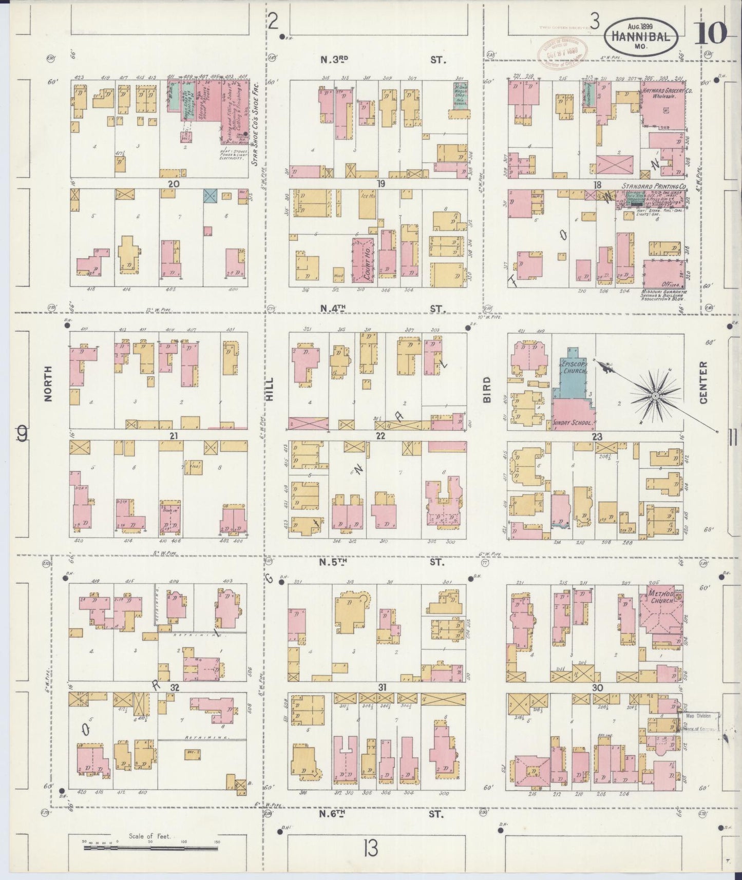 Sanborn Fire Insurance Map from Hannibal, Marion County, Missouri (1899), Sheet #0010 - Historic Sanborn Fire Insurance Map Print, vintage old map wall art, antique decor, genealogy gift, Missouri Missouri map