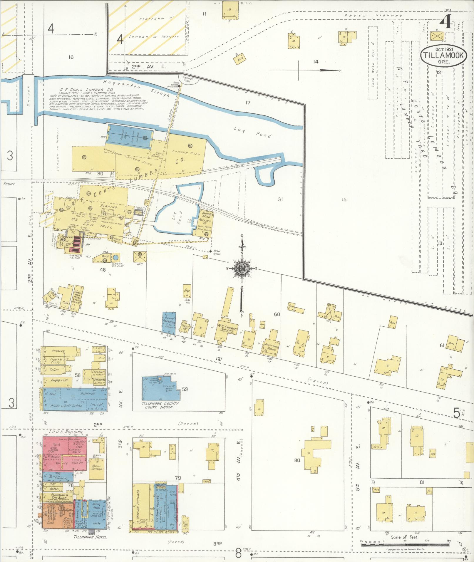 Sanborn Fire Insurance Map from Tillamook, Tillamook County, Oregon (1921), Sheet #0004 - Complete Map Set gallery image, historic Sanborn map, vintage wall art, Oregon Oregon