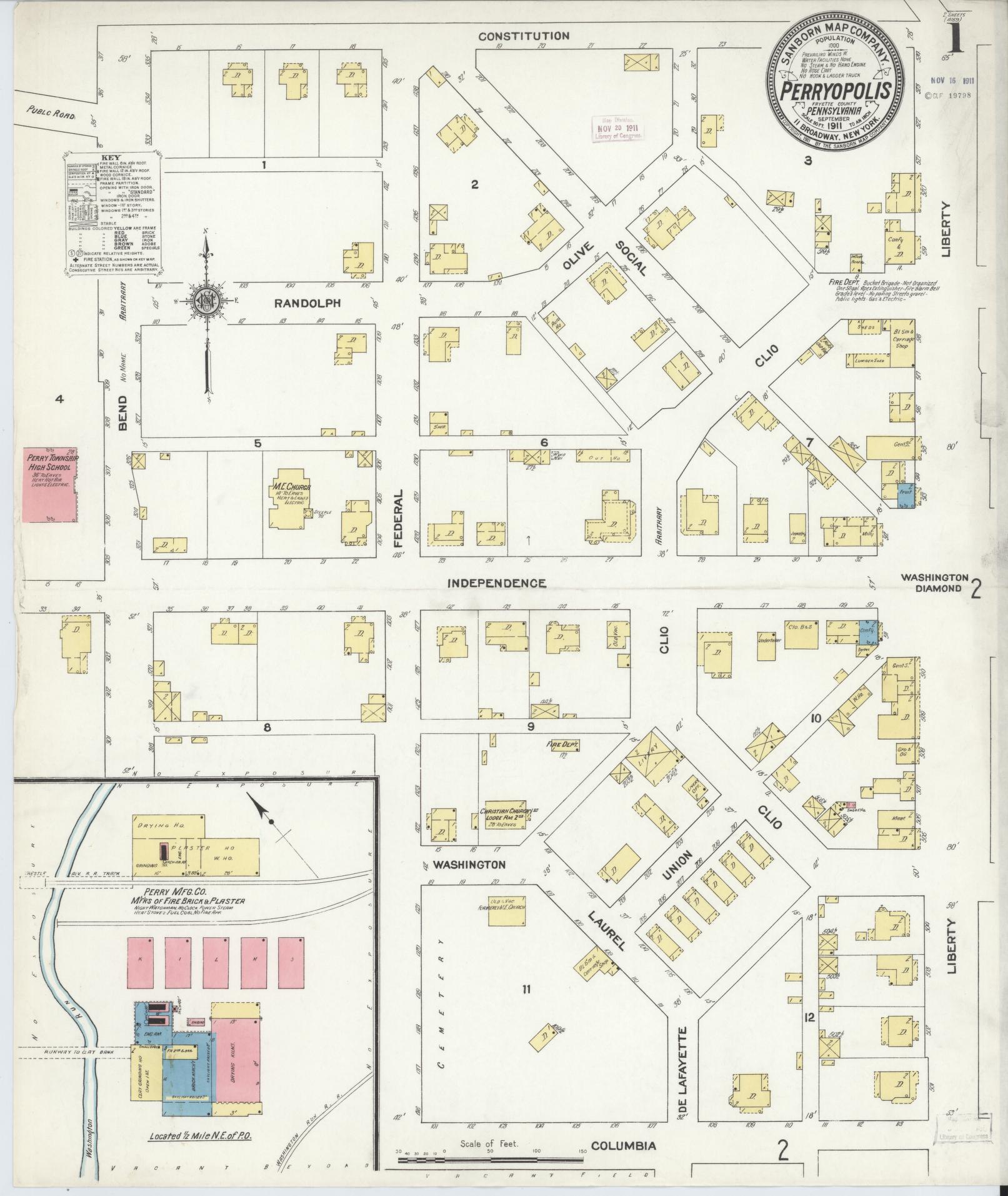 Sanborn Fire Insurance Map from Perryopolis, Fayette County, Pennsylvania (1911), Sheet #0001 - Complete Map Set gallery image, historic Sanborn map, vintage wall art, Pennsylvania Pennsylvania