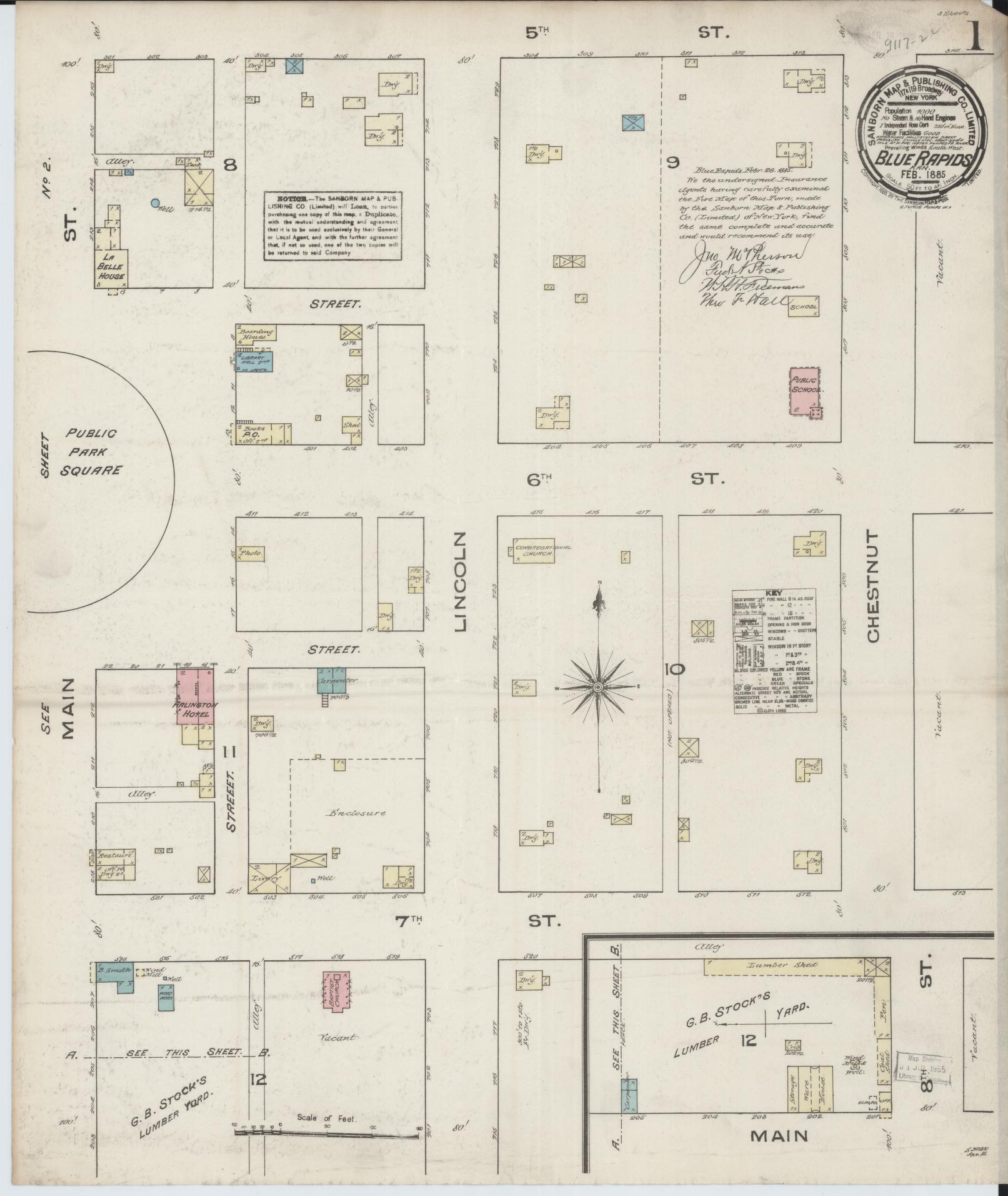 Sanborn Fire Insurance Map from Blue Rapids, Marshall County, Kansas (1885), Sheet #0001 - Complete Map Set gallery image, historic Sanborn map, vintage wall art, Kansas Kansas