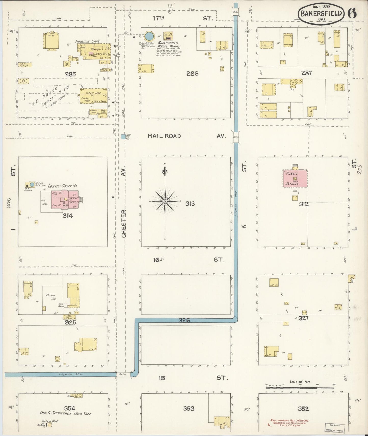 Sanborn Fire Insurance Map from Bakersfield, Kern County, California (1892), Sheet #0006 - Historic Sanborn Fire Insurance Map Print, vintage old map wall art, antique decor, genealogy gift, California California map