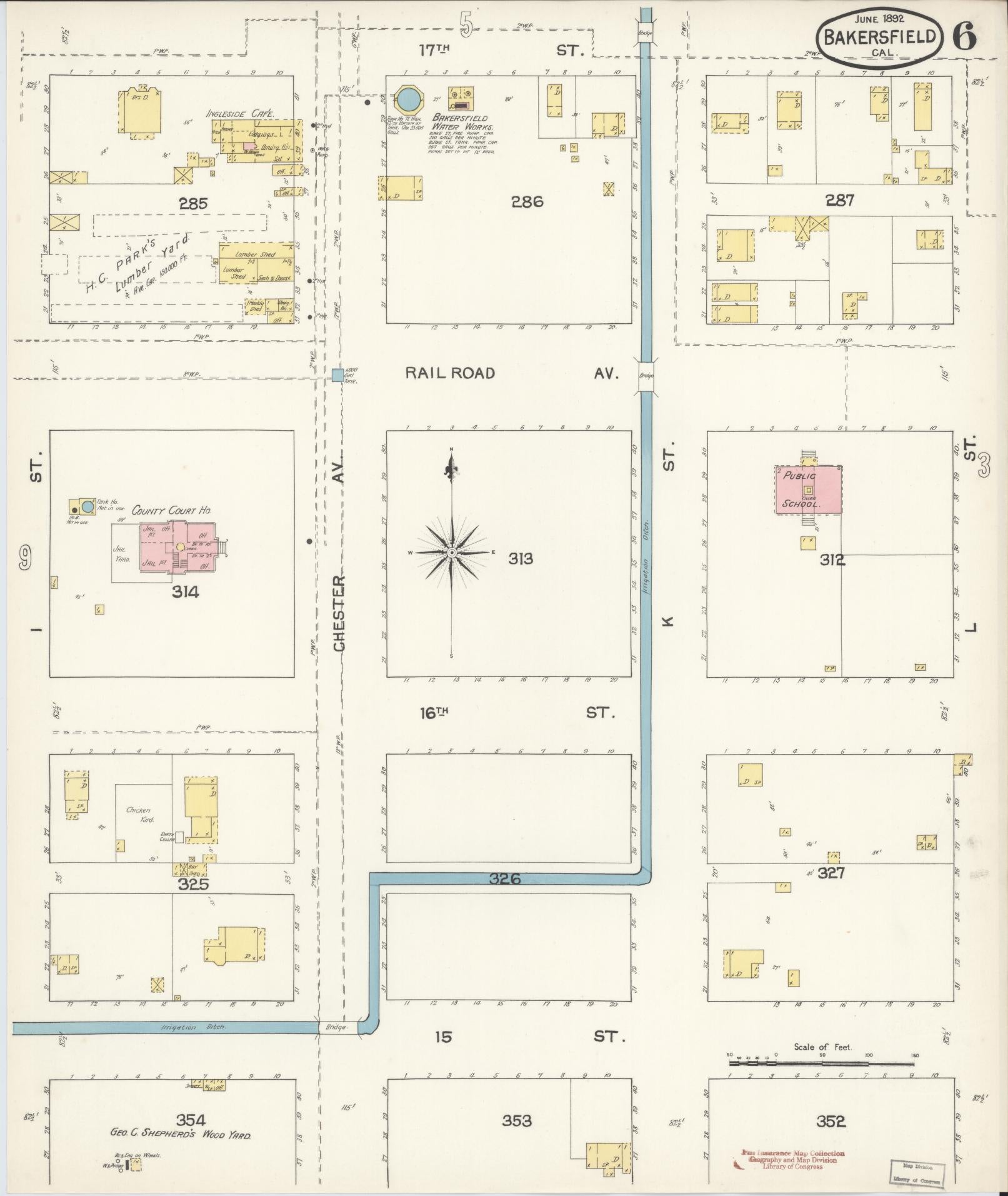 Sanborn Fire Insurance Map from Bakersfield, Kern County, California (1892), Sheet #0006 - Historic Sanborn Fire Insurance Map Print, vintage old map wall art, antique decor, genealogy gift, California California map