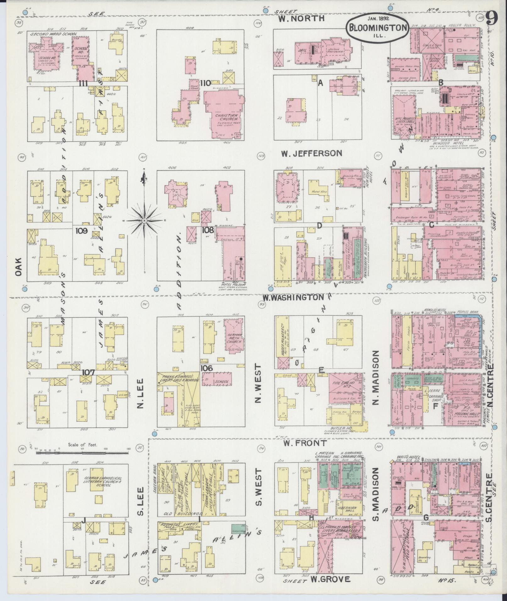 Sanborn Fire Insurance Map from Bloomington, McLean County, Illinois (1892), Sheet #0009 - Complete Map Set gallery image, historic Sanborn map, vintage wall art, Illinois Illinois