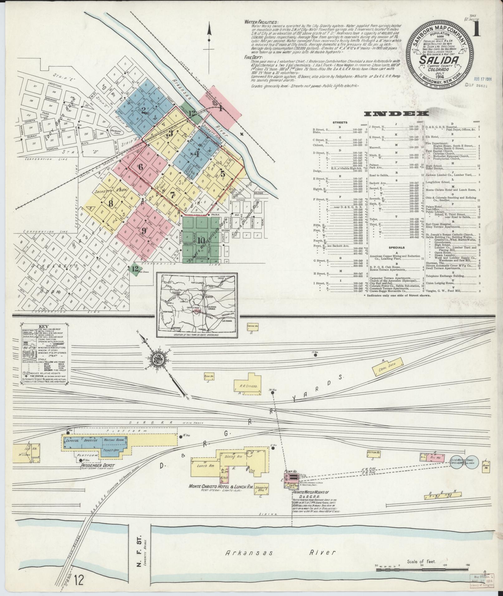 Sanborn Fire Insurance Map from Salida, Chaffee County, Colorado (1914), Sheet #0001 - Historic Sanborn Fire Insurance Map Print, vintage old map wall art, antique decor, genealogy gift, Colorado Colorado map