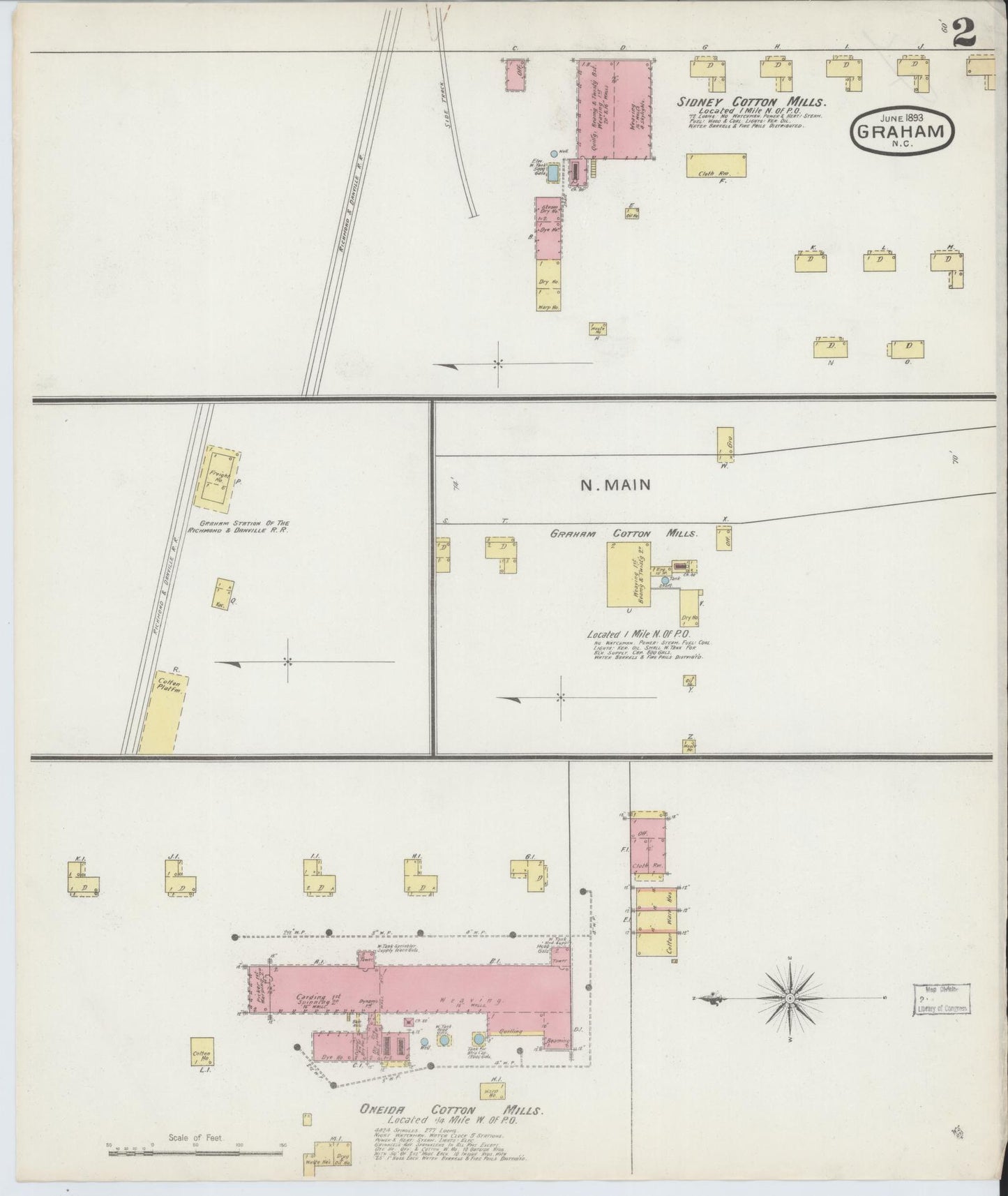Sanborn Fire Insurance Map from Graham, Alamance County, North Carolina (1893), Sheet #0002 - Historic Sanborn Fire Insurance Map Print, vintage old map wall art, antique decor, genealogy gift, North Carolina North Carolina map