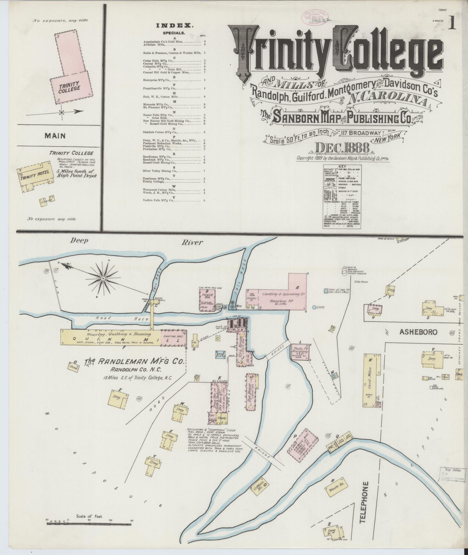 Sanborn Fire Insurance Map from Trinity College, Randolph County, North Carolina (1888), Sheet #0001 - Complete Map Set gallery image, historic Sanborn map, vintage wall art, North Carolina North Carolina