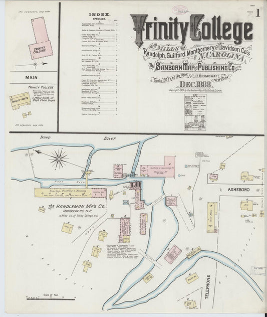 Sanborn Fire Insurance Map from Trinity College, Randolph County, North Carolina (1888), Sheet #0001 - Complete Map Set gallery image, historic Sanborn map, vintage wall art, North Carolina North Carolina