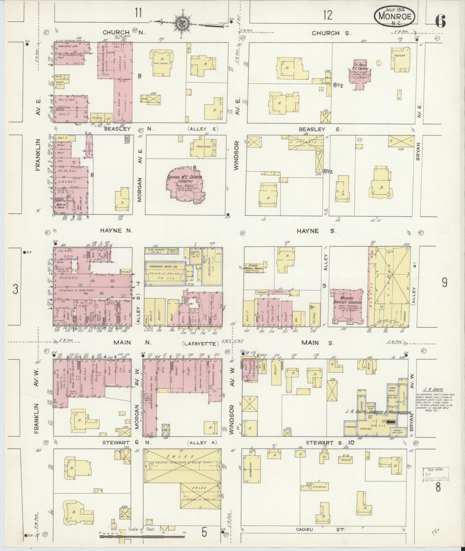 Sanborn Fire Insurance Map from Monroe, Union County, North Carolina (1914), Sheet #0006 - Complete Map Set gallery image, historic Sanborn map, vintage wall art, North Carolina North Carolina