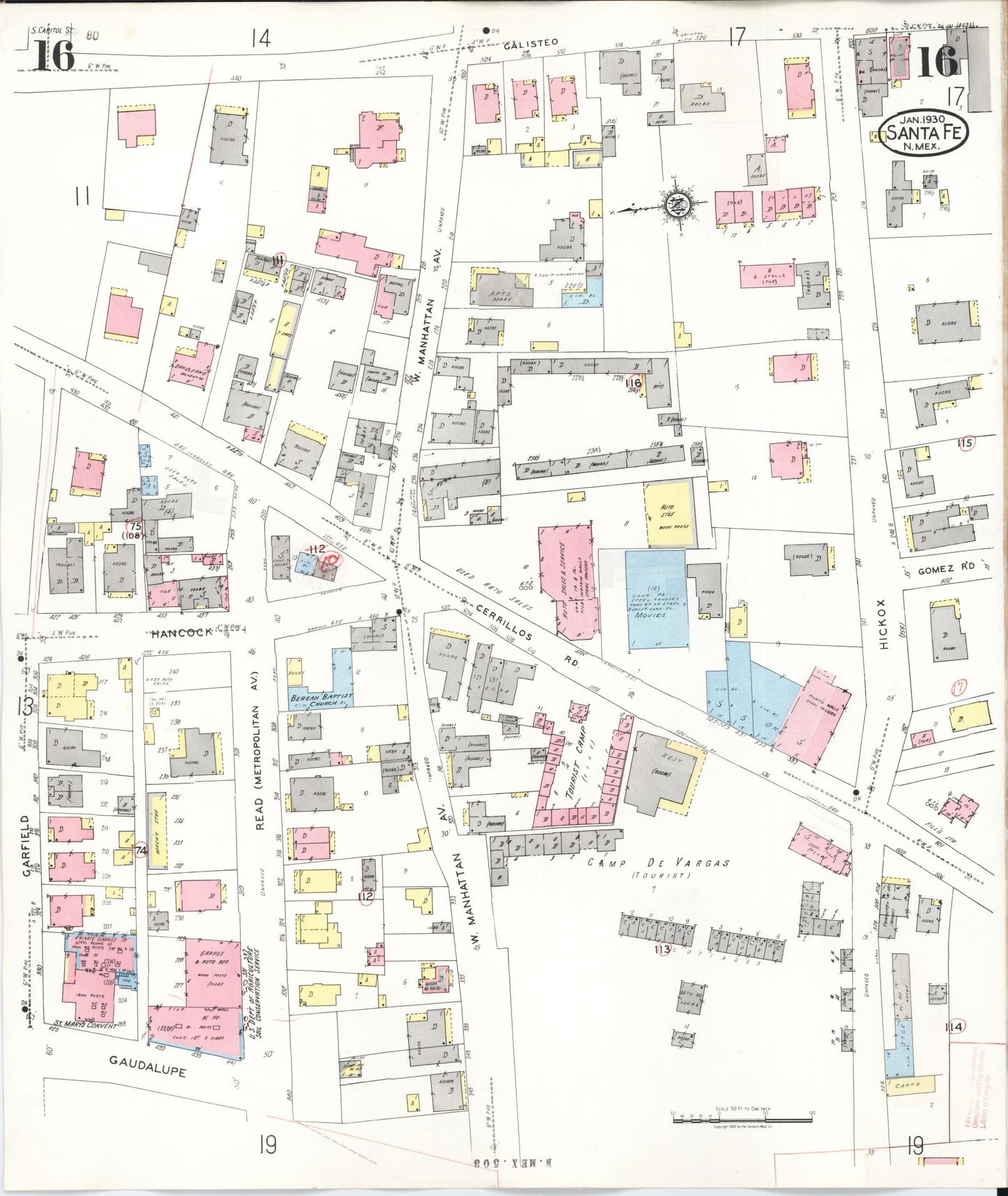 Sanborn Fire Insurance Map from Santa Fe, Santa Fe County, New Mexico (1948), Sheet #0016 - Complete Map Set gallery image, historic Sanborn map, vintage wall art, New Mexico New Mexico