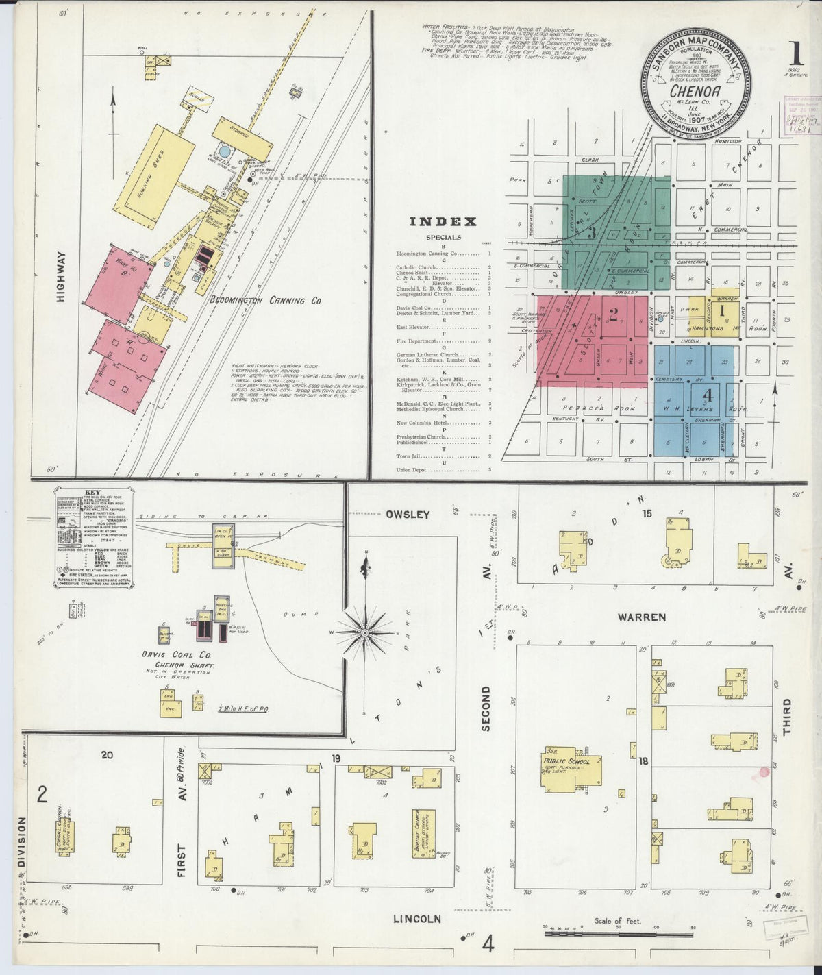 Sanborn Fire Insurance Map from Chenoa, McLean County, Illinois (1907), Sheet #0001 - Complete Map Set gallery image, historic Sanborn map, vintage wall art, Illinois Illinois