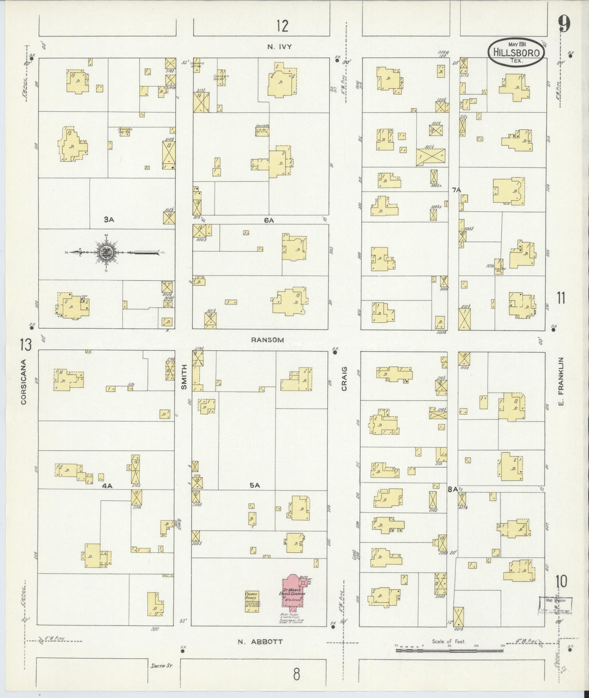Sanborn Fire Insurance Map from Hillsboro, Hill County, Texas (1911), Sheet #0009 - Historic Sanborn Fire Insurance Map Print, vintage old map wall art, antique decor, genealogy gift, Texas Texas map