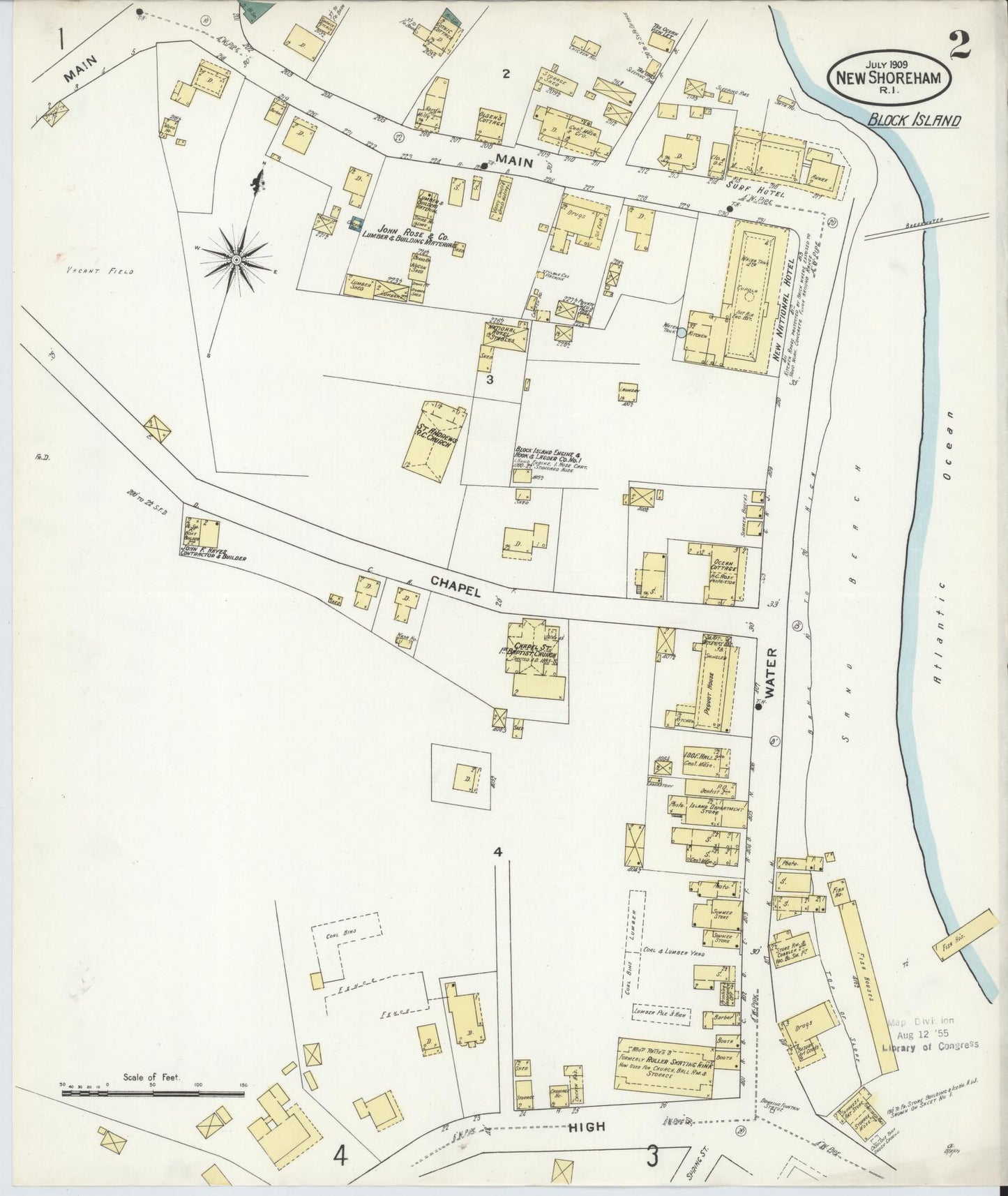 Sanborn Fire Insurance Map from New Shoreham, Newport County, Rhode Island (1909), Sheet #0002 - Historic Sanborn Fire Insurance Map Print, vintage old map wall art, antique decor, genealogy gift, Rhode Island Rhode Island map
