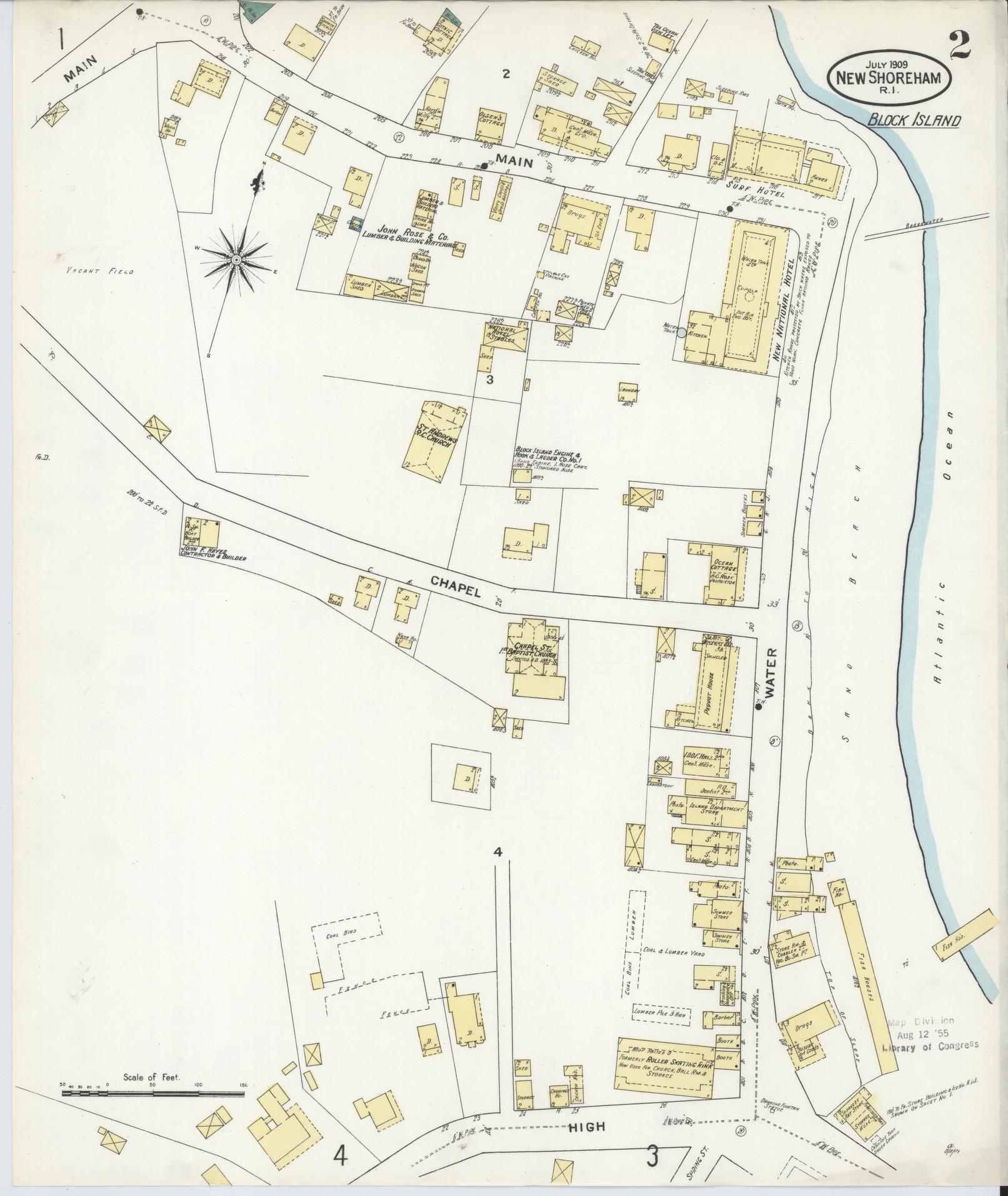 Sanborn Fire Insurance Map from New Shoreham, Newport County, Rhode Island (1909), Sheet #0002 - Historic Sanborn Fire Insurance Map Print, vintage old map wall art, antique decor, genealogy gift, Rhode Island Rhode Island map