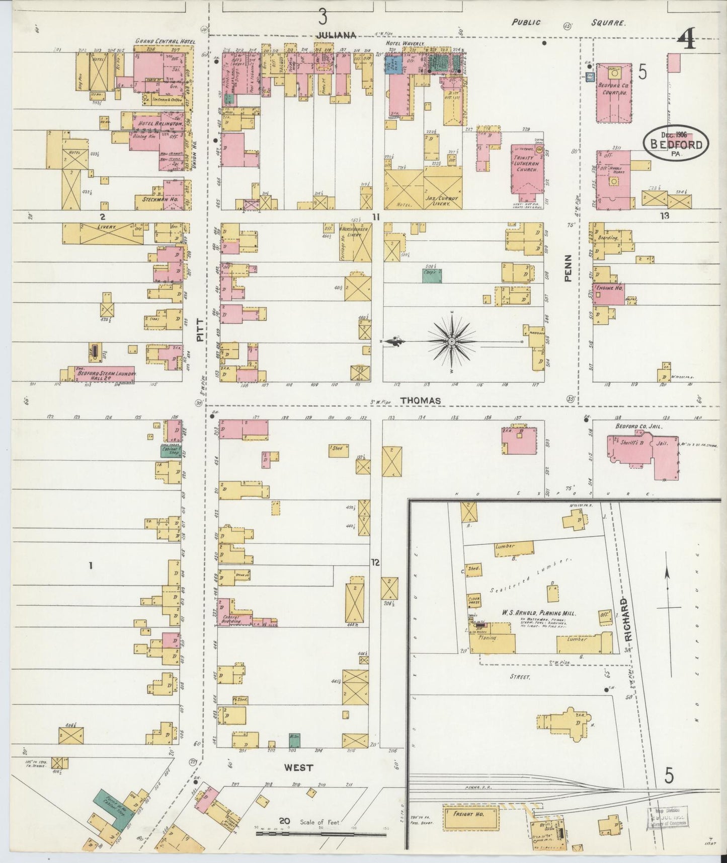 Sanborn Fire Insurance Map from Bedford, Bedford County, Pennsylvania (1906), Sheet #0004 - Historic Sanborn Fire Insurance Map Print, vintage old map wall art, antique decor, genealogy gift, Pennsylvania Pennsylvania map