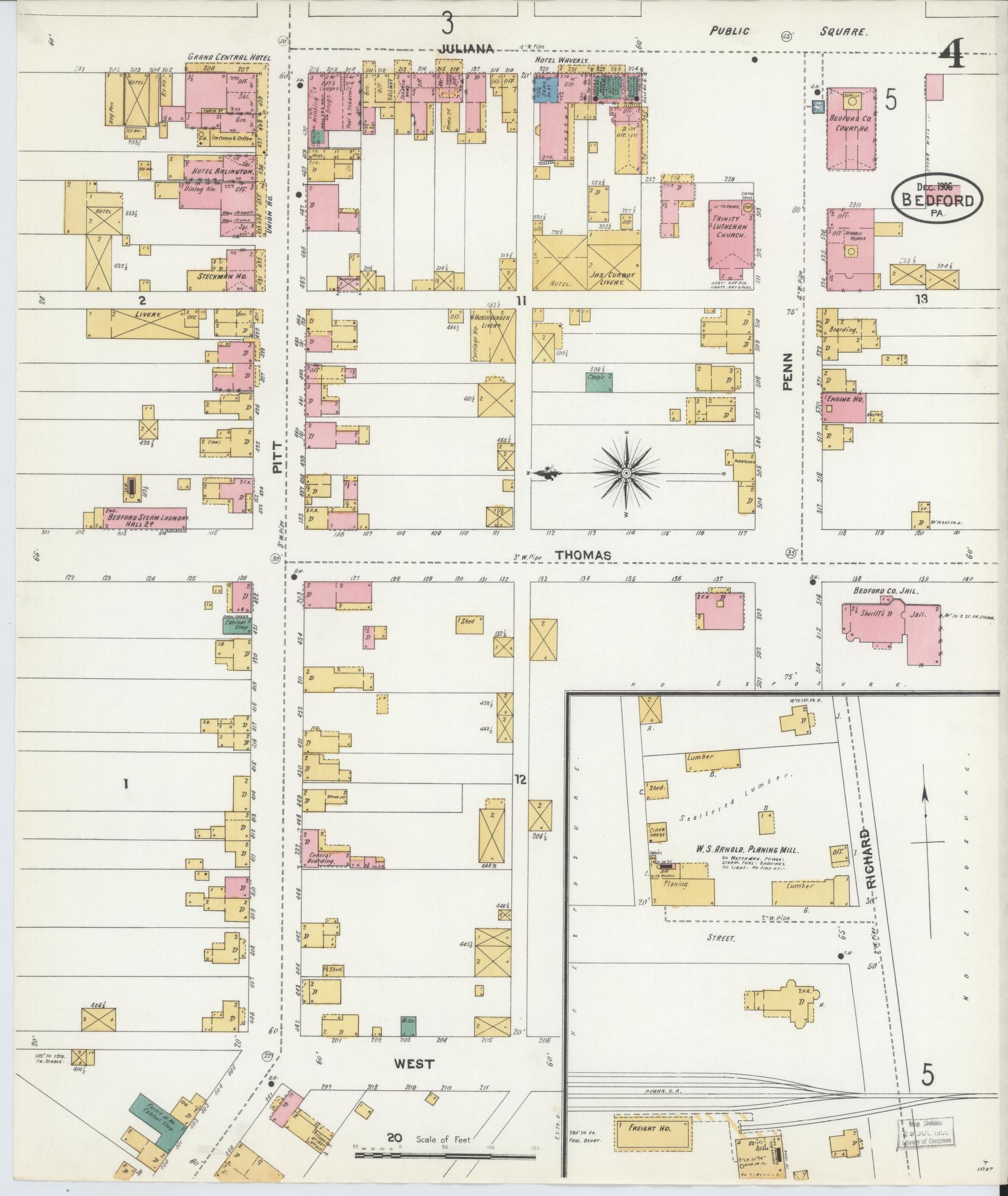 Sanborn Fire Insurance Map from Bedford, Bedford County, Pennsylvania (1906), Sheet #0004 - Historic Sanborn Fire Insurance Map Print, vintage old map wall art, antique decor, genealogy gift, Pennsylvania Pennsylvania map