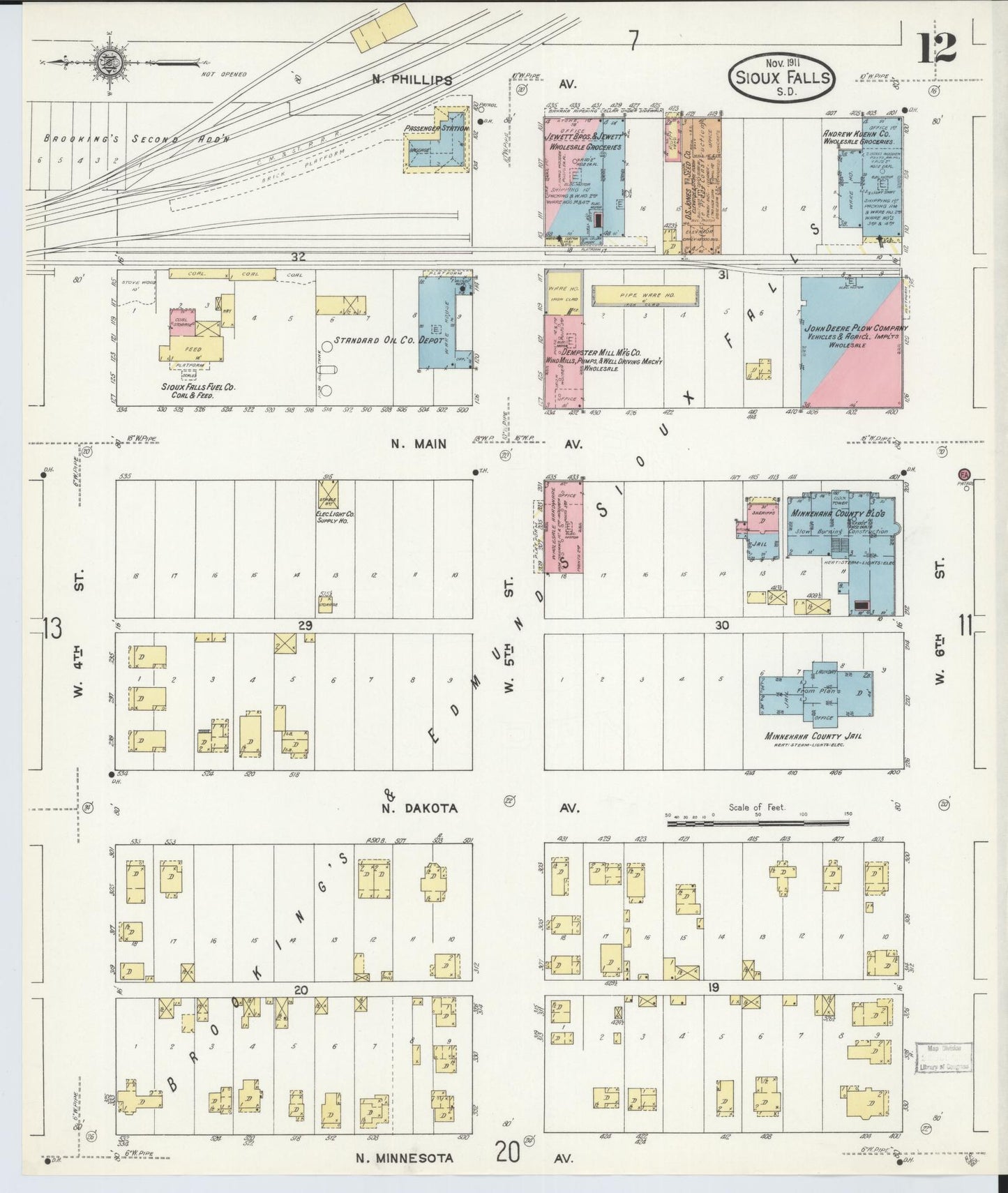 Sanborn Fire Insurance Map from Sioux Falls, Minnehaha County, South Dakota (1911), Sheet #0012 - Historic Sanborn Fire Insurance Map Print, vintage old map wall art, antique decor, genealogy gift, South Dakota South Dakota map