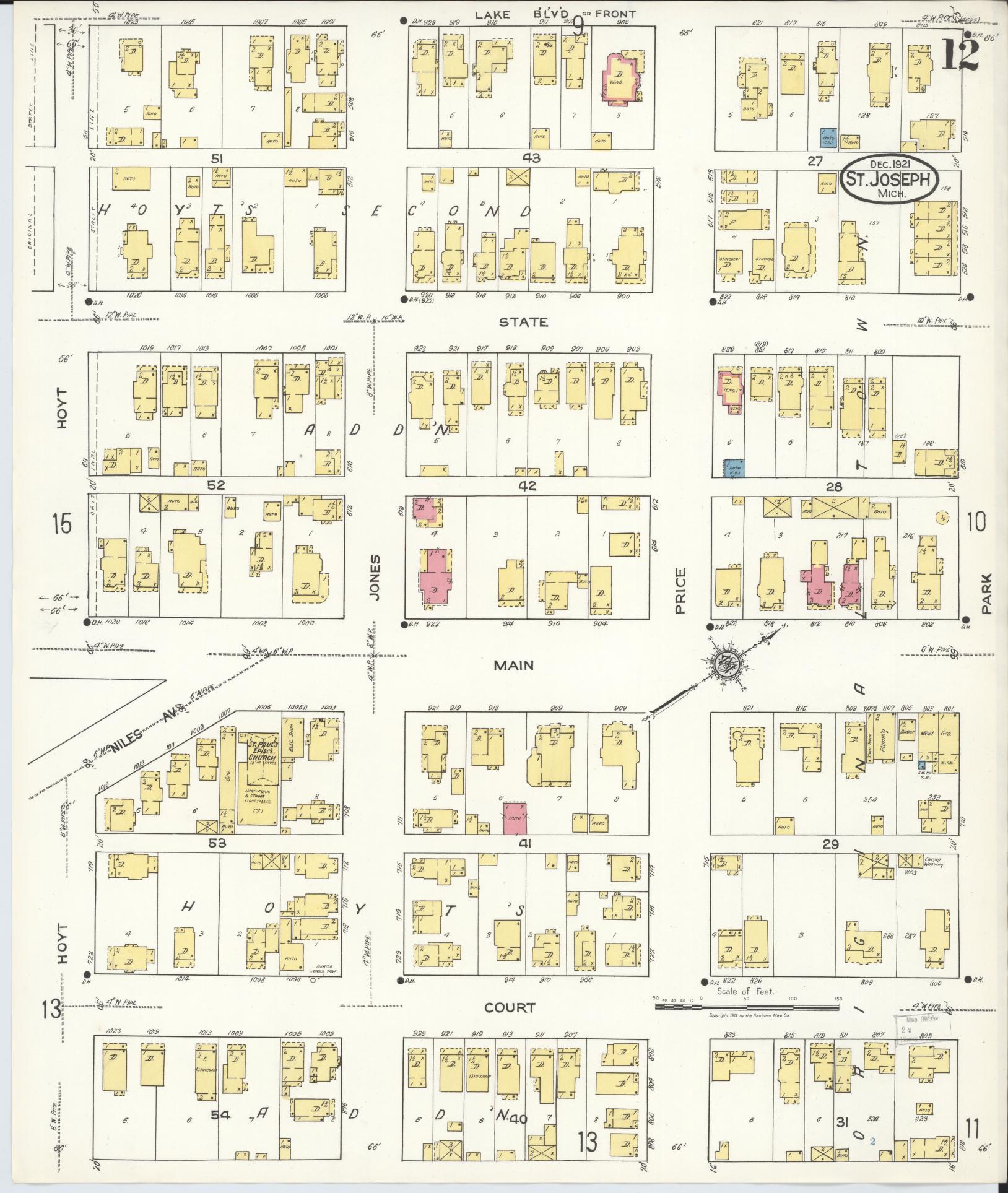 Sanborn Fire Insurance Map from Saint Joseph, Berrien County, Michigan (1921), Sheet #0012 - Complete Map Set gallery image, historic Sanborn map, vintage wall art, Michigan Michigan