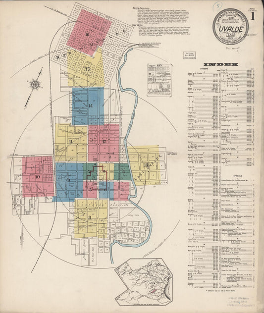 Sanborn Fire Insurance Map from Uvalde, Uvalde County, Texas (1922), Sheet #0001 - Historic Sanborn Fire Insurance Map Print, vintage old map wall art, antique decor, genealogy gift, Texas Texas map